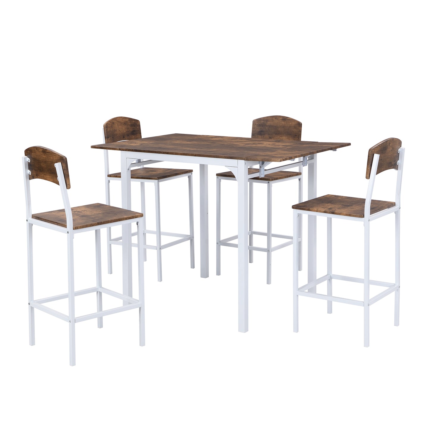 Farmhouse 5-Piece Counter Height Drop Leaf Dining Table Set with Chairs for 4 – White Frame & Rustic Brown Top