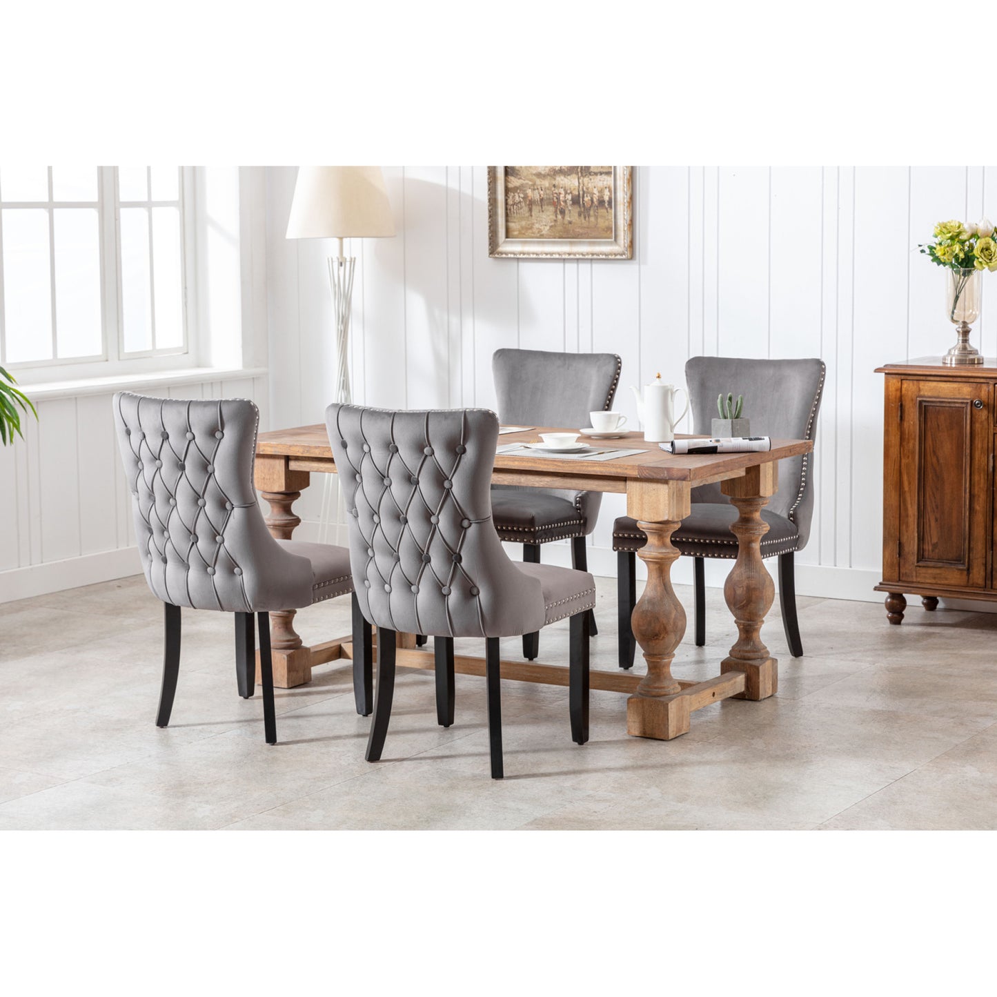 Set of 2 Gray Upholstered Wing-Back Dining Chairs with Nailhead Trim and Solid Wood Legs – Stylish and Comfortable Additions to Your Home