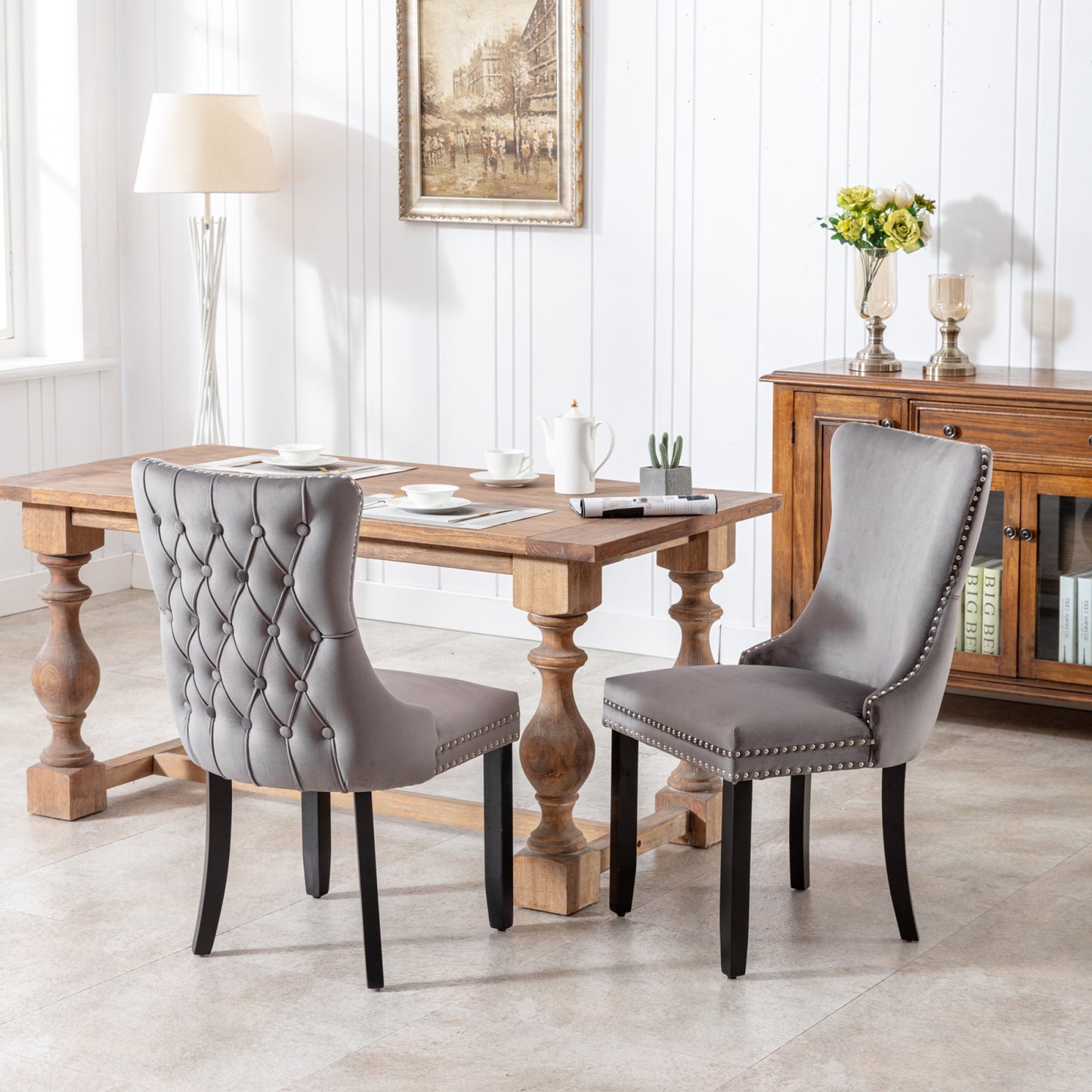 Set of 2 Gray Upholstered Wing-Back Dining Chairs with Nailhead Trim and Solid Wood Legs – Stylish and Comfortable Additions to Your Home