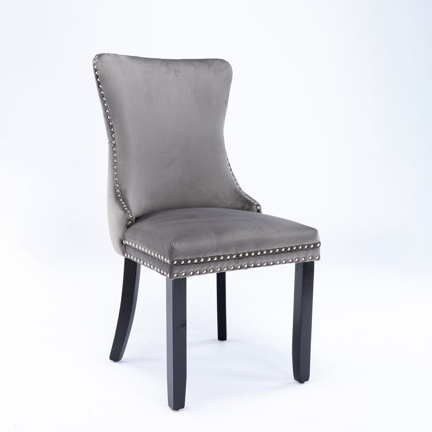 Set of 2 Gray Upholstered Wing-Back Dining Chairs with Nailhead Trim and Solid Wood Legs – Stylish and Comfortable Additions to Your Home