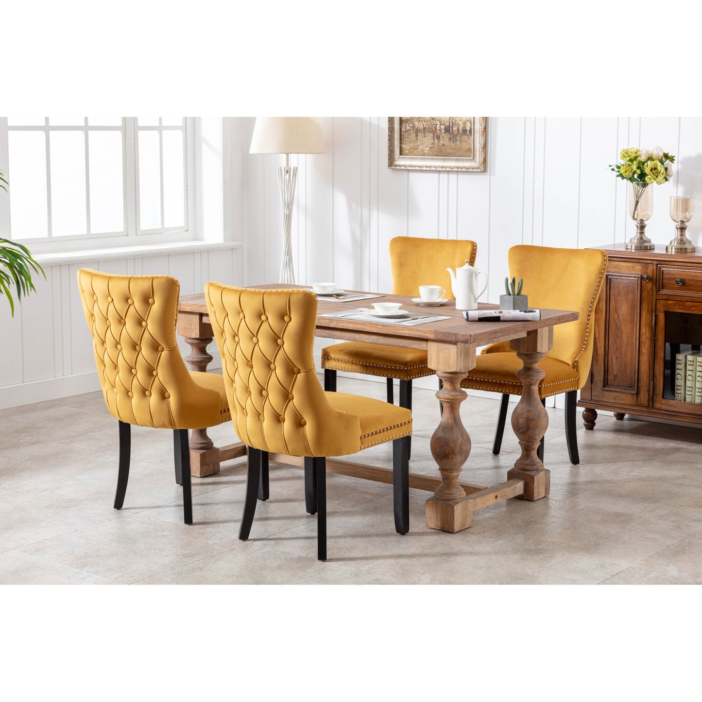Upholstered Wing-Back Dining Chairs with Nailhead Trim and Solid Wood Legs, Set of 2, Golden Finish
