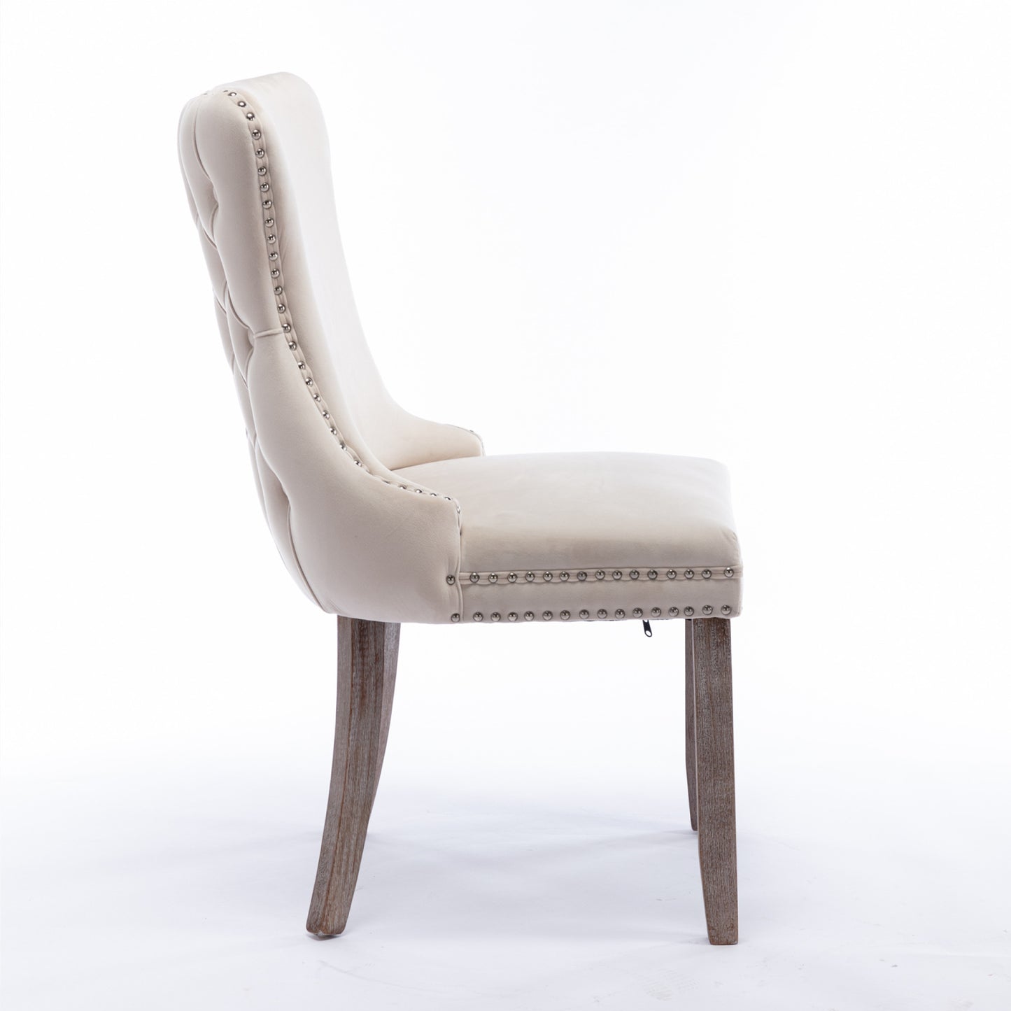 Upholstered Wing-Back Dining Chair Set of 2 with Nailhead Trim, Solid Wood Legs, Beige, Backstitching Detail, KD Design