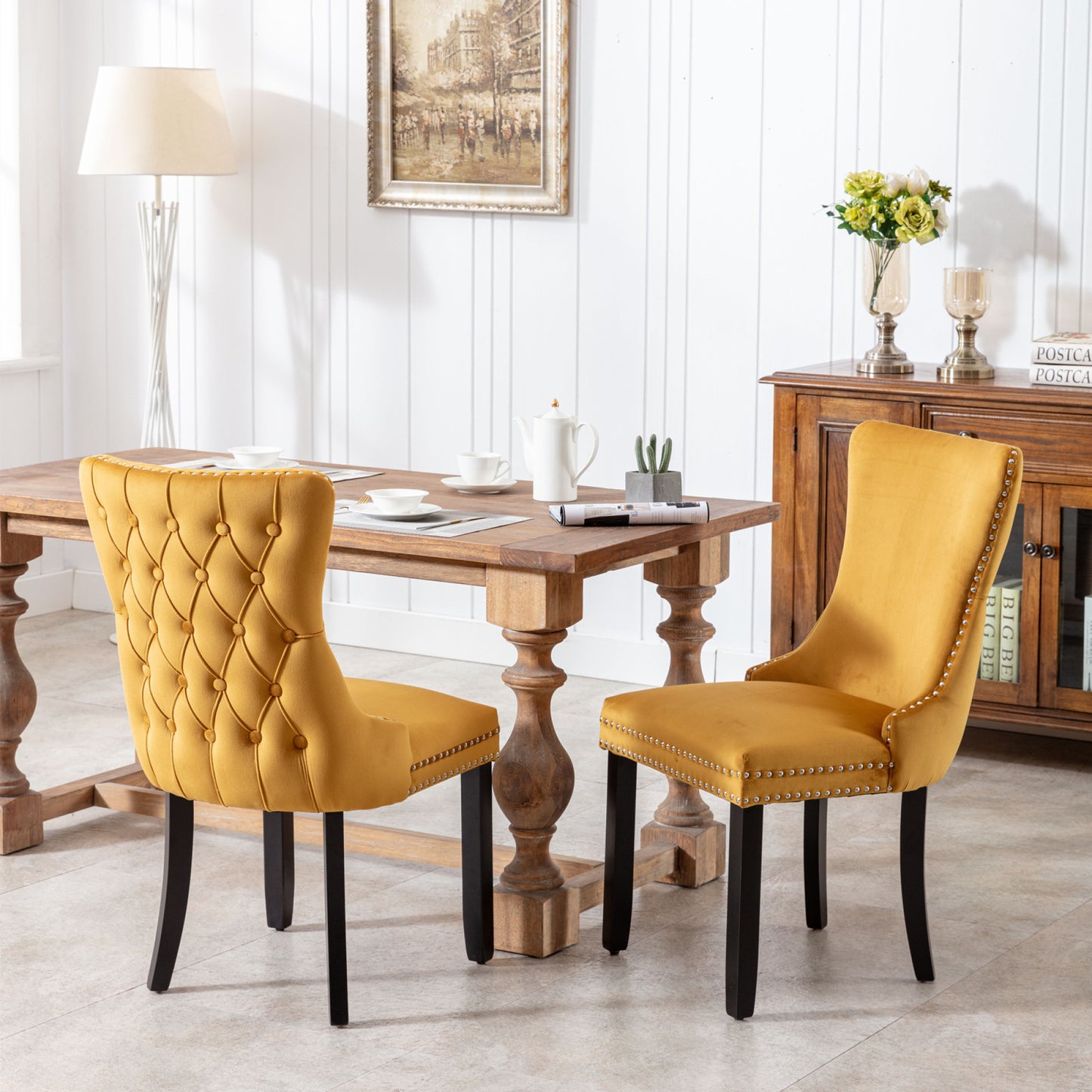 Upholstered Wing-Back Dining Chairs with Nailhead Trim and Solid Wood Legs, Set of 2, Golden Finish