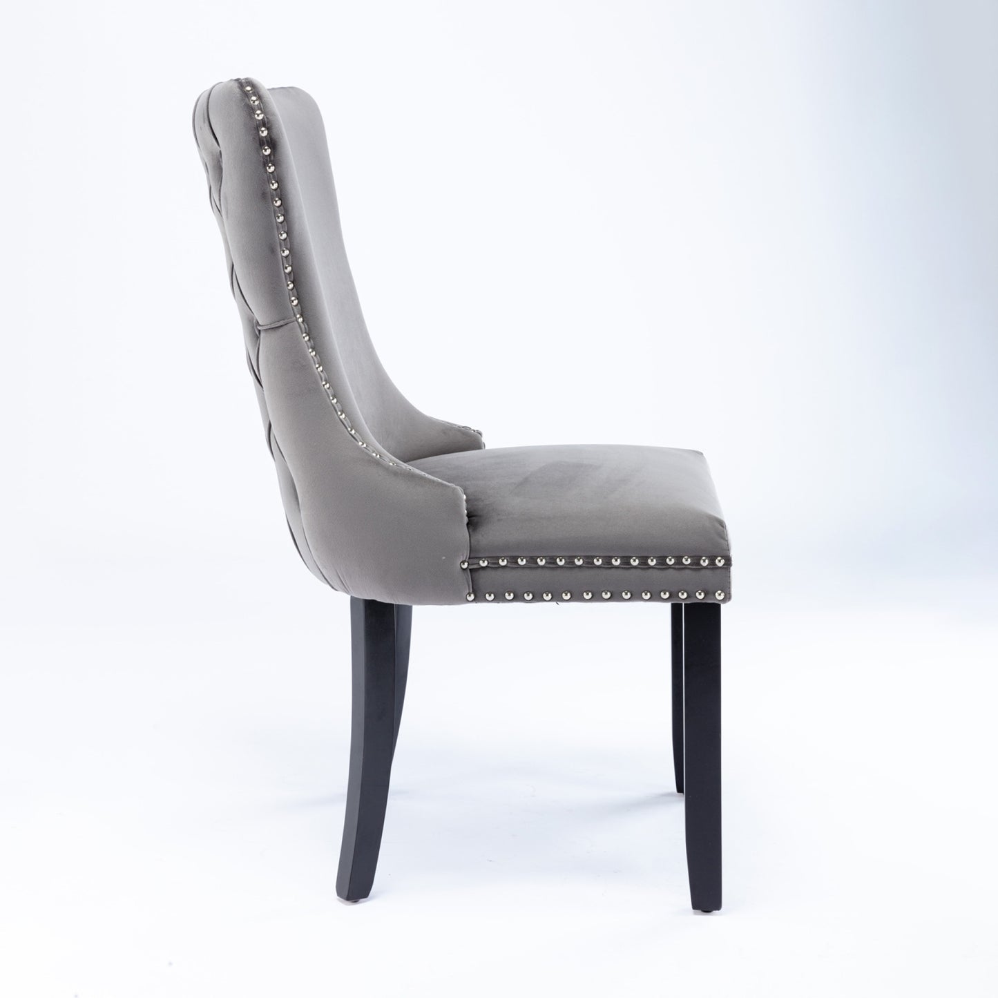 Set of 2 Gray Upholstered Wing-Back Dining Chairs with Nailhead Trim and Solid Wood Legs – Stylish and Comfortable Additions to Your Home