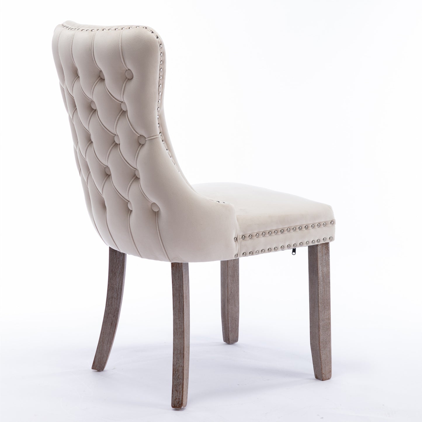 Upholstered Wing-Back Dining Chair Set of 2 with Nailhead Trim, Solid Wood Legs, Beige, Backstitching Detail, KD Design