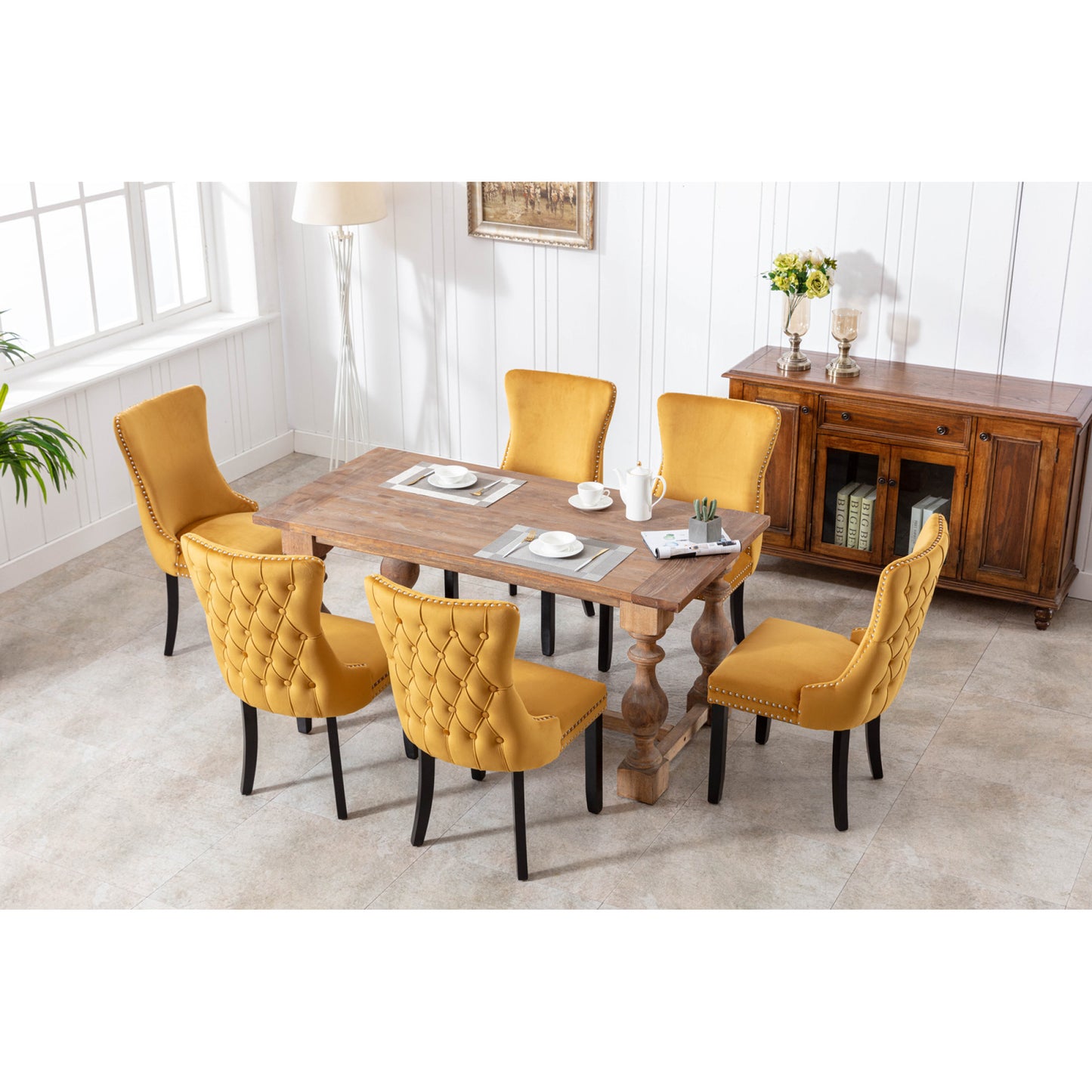 Upholstered Wing-Back Dining Chairs with Nailhead Trim and Solid Wood Legs, Set of 2, Golden Finish