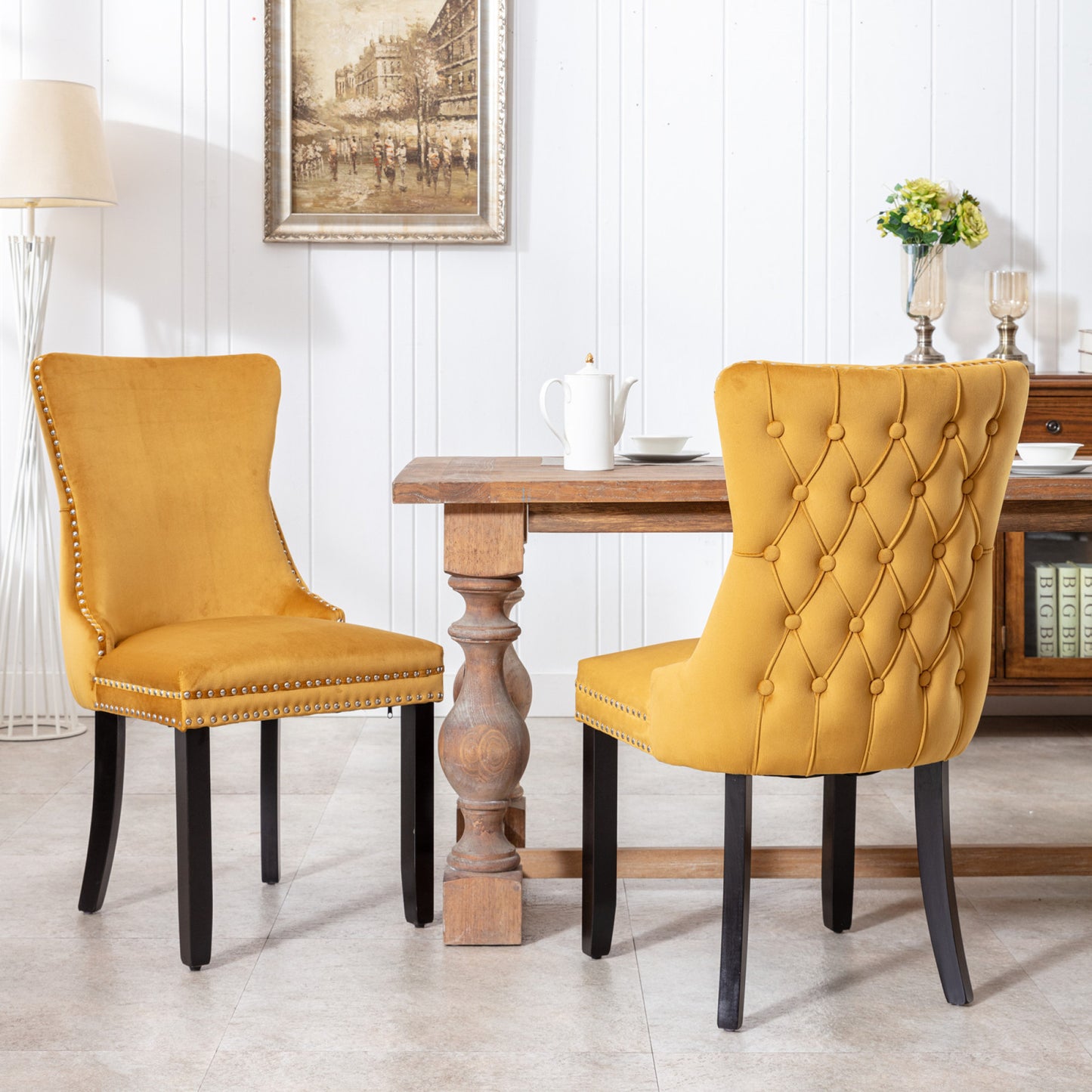 Upholstered Wing-Back Dining Chairs with Nailhead Trim and Solid Wood Legs, Set of 2, Golden Finish