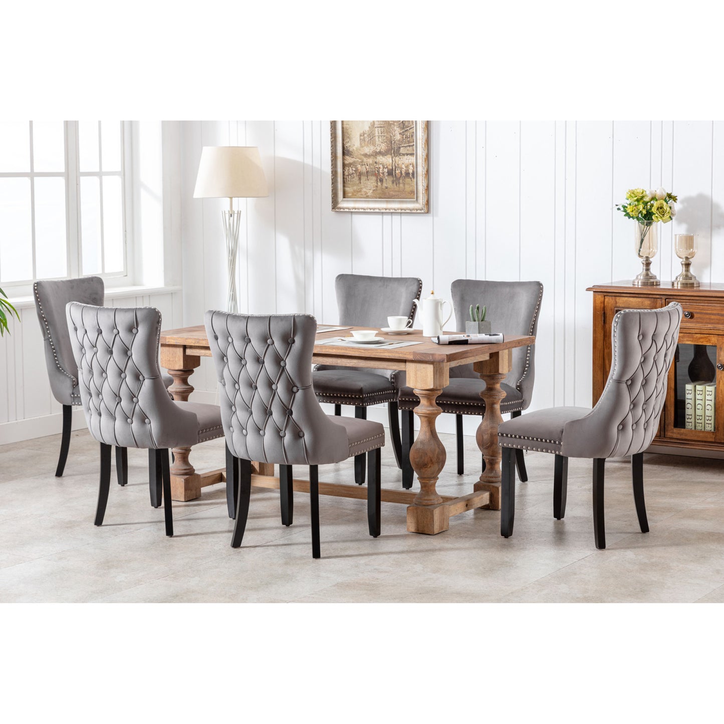 Set of 2 Gray Upholstered Wing-Back Dining Chairs with Nailhead Trim and Solid Wood Legs – Stylish and Comfortable Additions to Your Home