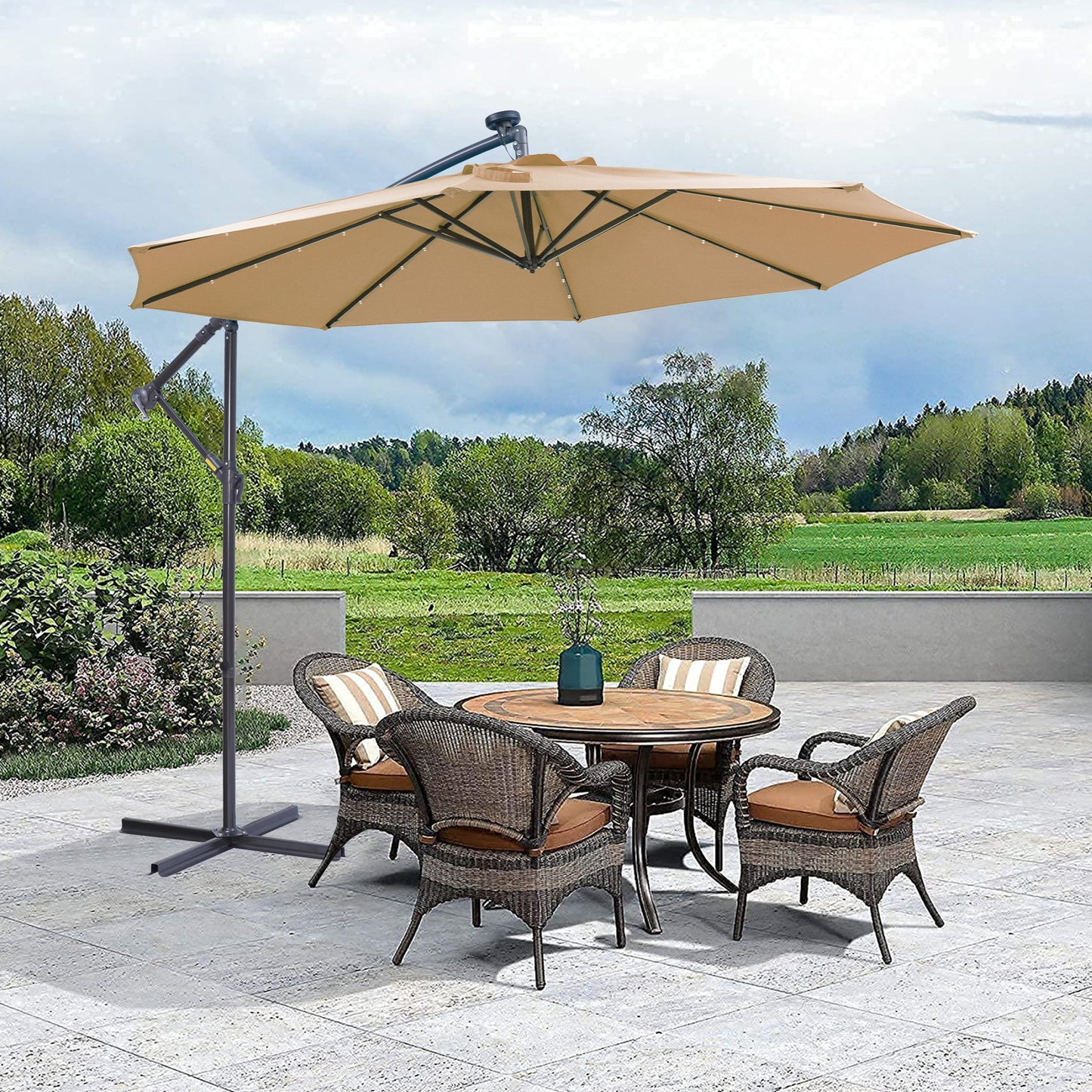 Solar LED Patio Outdoor Umbrella Hanging Cantilever Umbrella Taupe