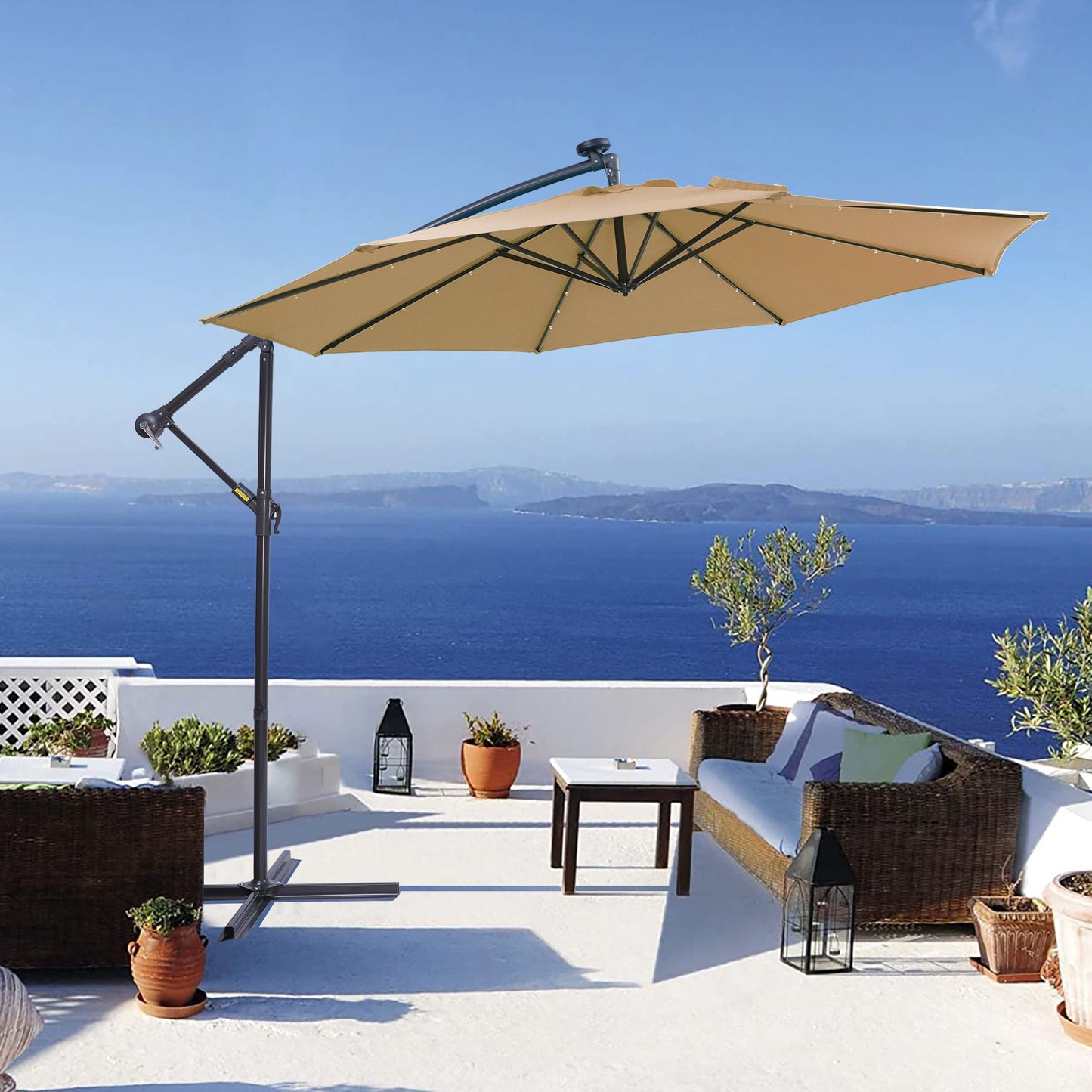 Solar LED Patio Outdoor Umbrella Hanging Cantilever Umbrella Taupe