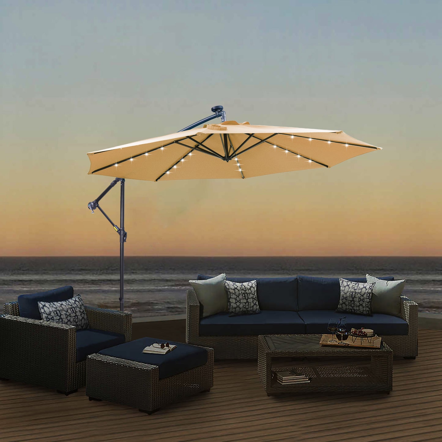 Solar LED Patio Outdoor Umbrella Hanging Cantilever Umbrella Taupe