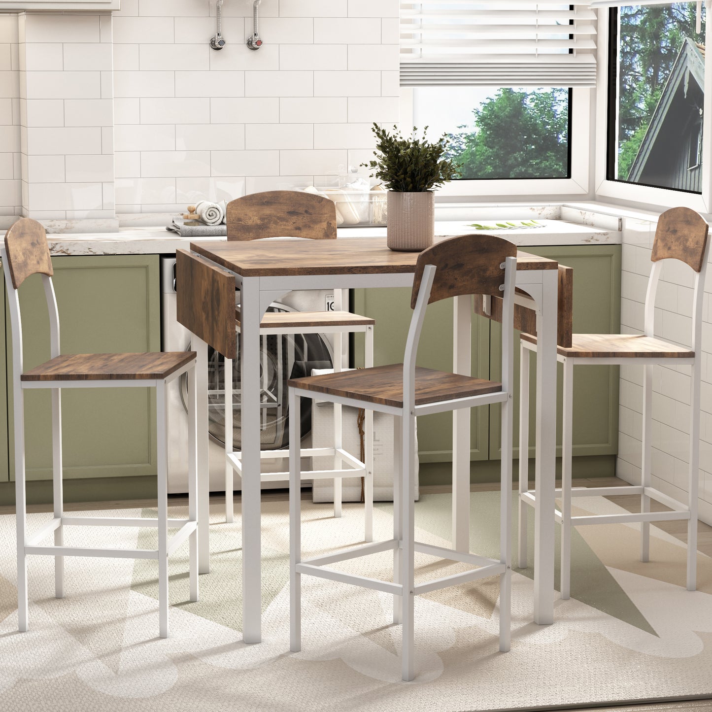 Farmhouse 5-Piece Counter Height Drop Leaf Dining Table Set with Chairs for 4 – White Frame & Rustic Brown Top