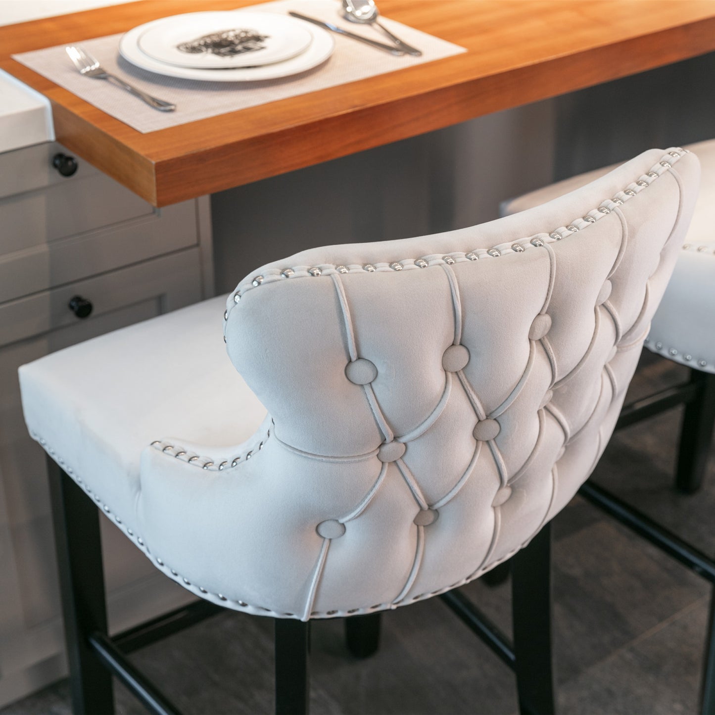 Contemporary Velvet Wing-Back Barstools with Button Tufting, Wooden Legs, Chrome Nailhead Trim, Set of 2, Beige Leisure Style