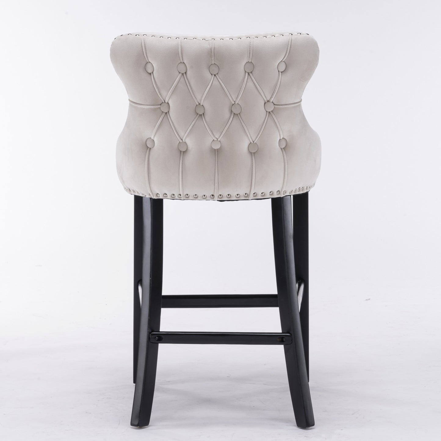 Contemporary Velvet Wing-Back Barstools with Button Tufting, Wooden Legs, Chrome Nailhead Trim, Set of 2, Beige Leisure Style