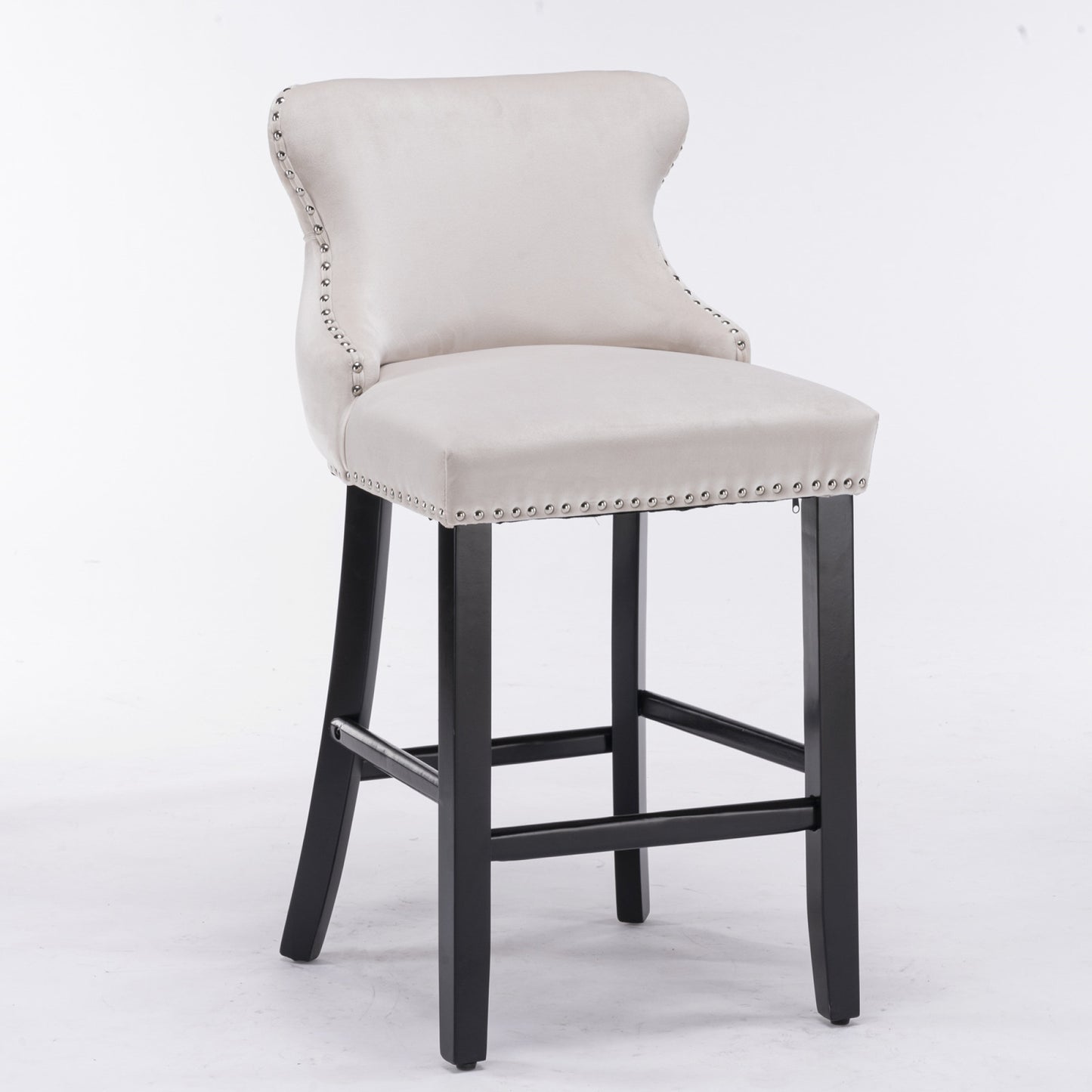 Contemporary Velvet Wing-Back Barstools with Button Tufting, Wooden Legs, Chrome Nailhead Trim, Set of 2, Beige Leisure Style