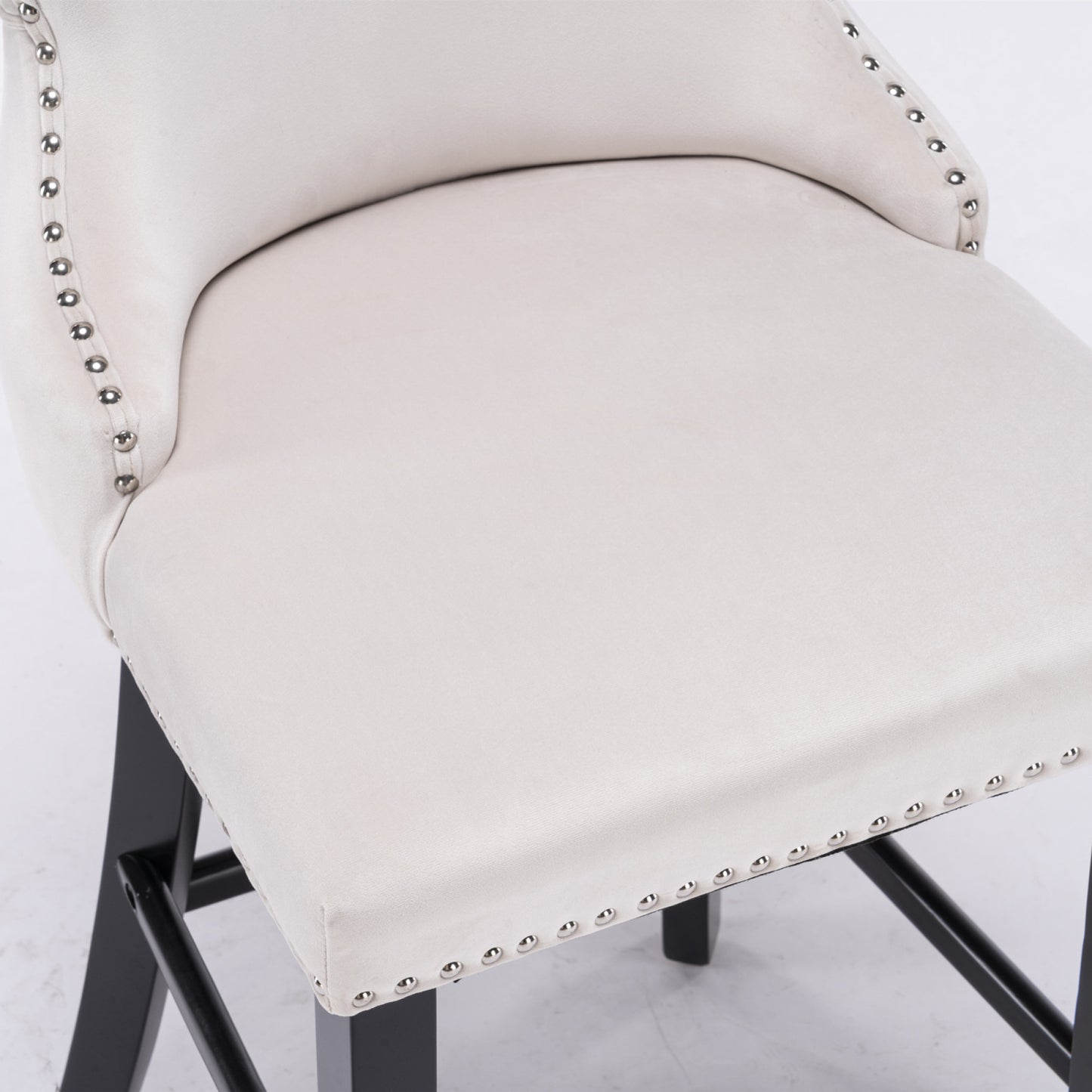 Contemporary Velvet Wing-Back Barstools with Button Tufting, Wooden Legs, Chrome Nailhead Trim, Set of 2, Beige Leisure Style
