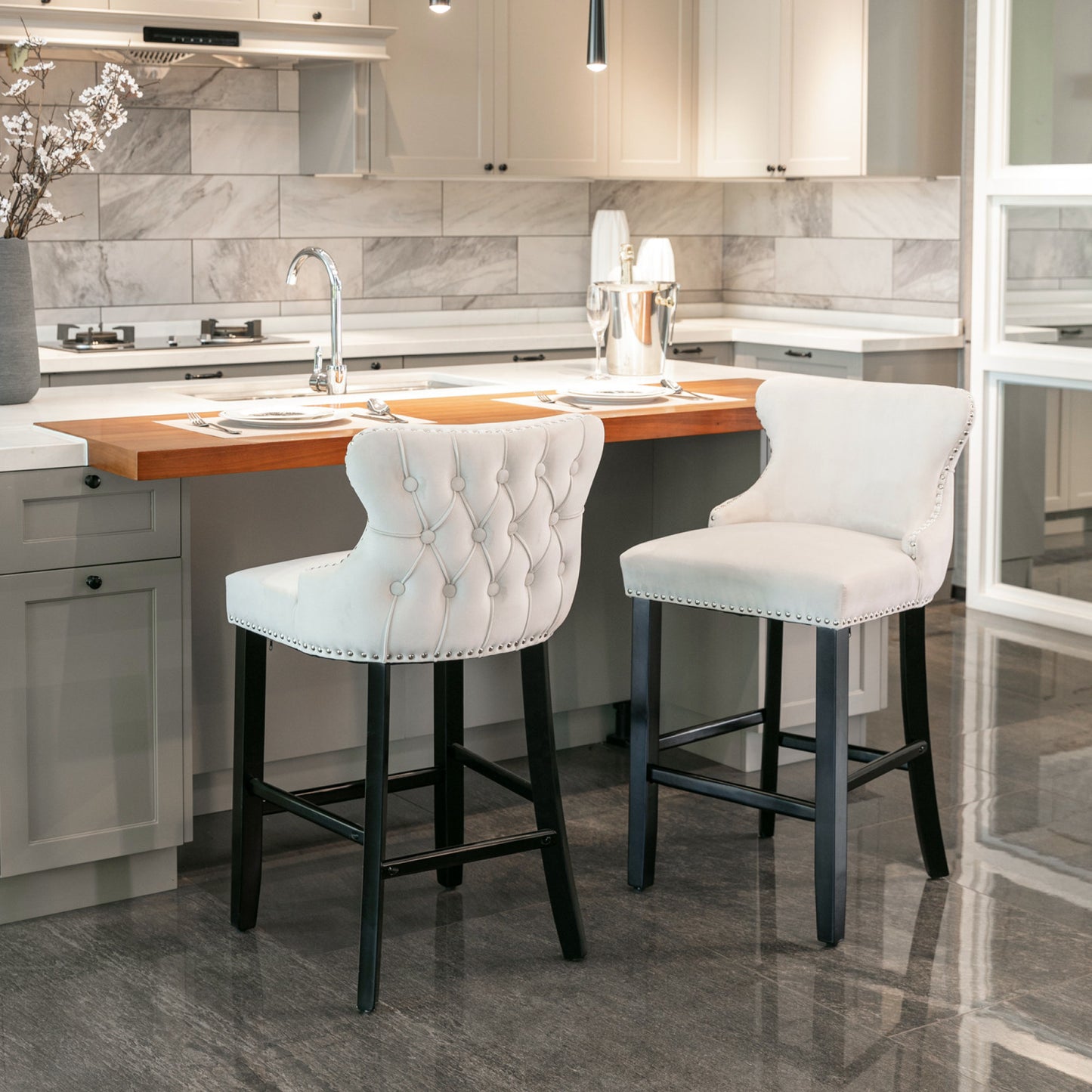 Contemporary Velvet Wing-Back Barstools with Button Tufting, Wooden Legs, Chrome Nailhead Trim, Set of 2, Beige Leisure Style