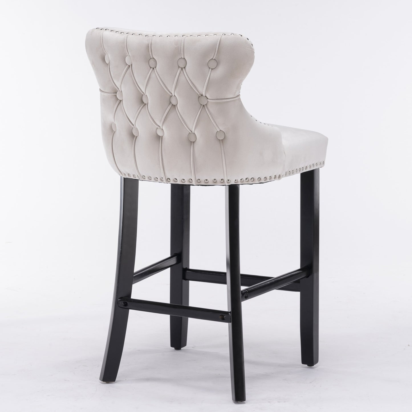 Contemporary Velvet Wing-Back Barstools with Button Tufting, Wooden Legs, Chrome Nailhead Trim, Set of 2, Beige Leisure Style