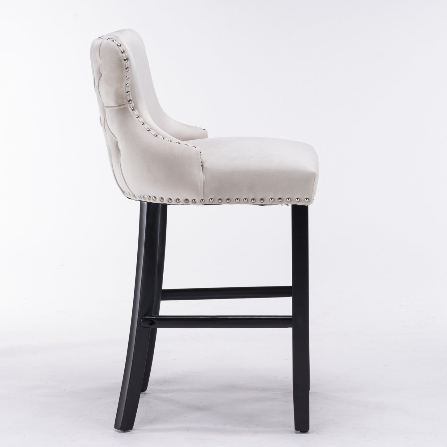 Contemporary Velvet Wing-Back Barstools with Button Tufting, Wooden Legs, Chrome Nailhead Trim, Set of 2, Beige Leisure Style