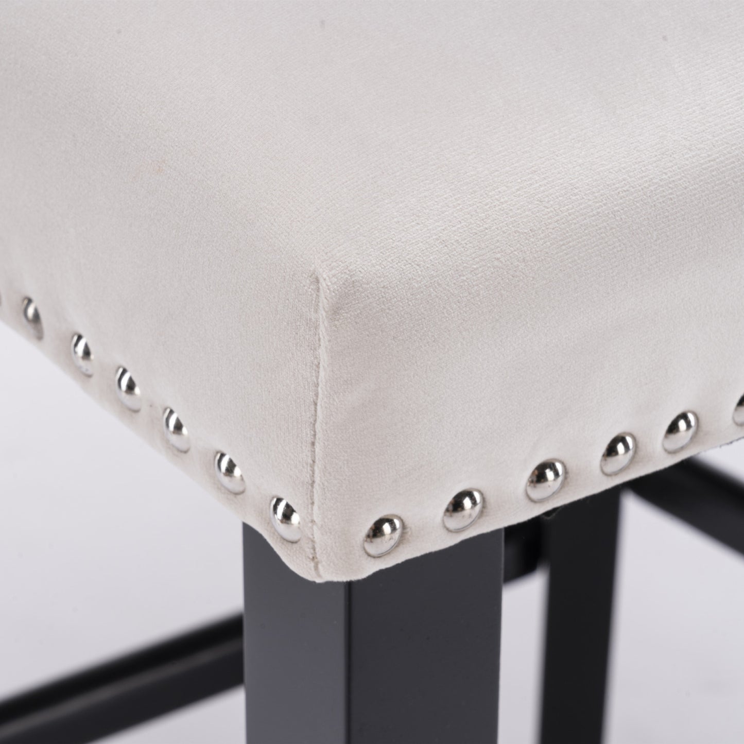 Contemporary Velvet Wing-Back Barstools with Button Tufting, Wooden Legs, Chrome Nailhead Trim, Set of 2, Beige Leisure Style