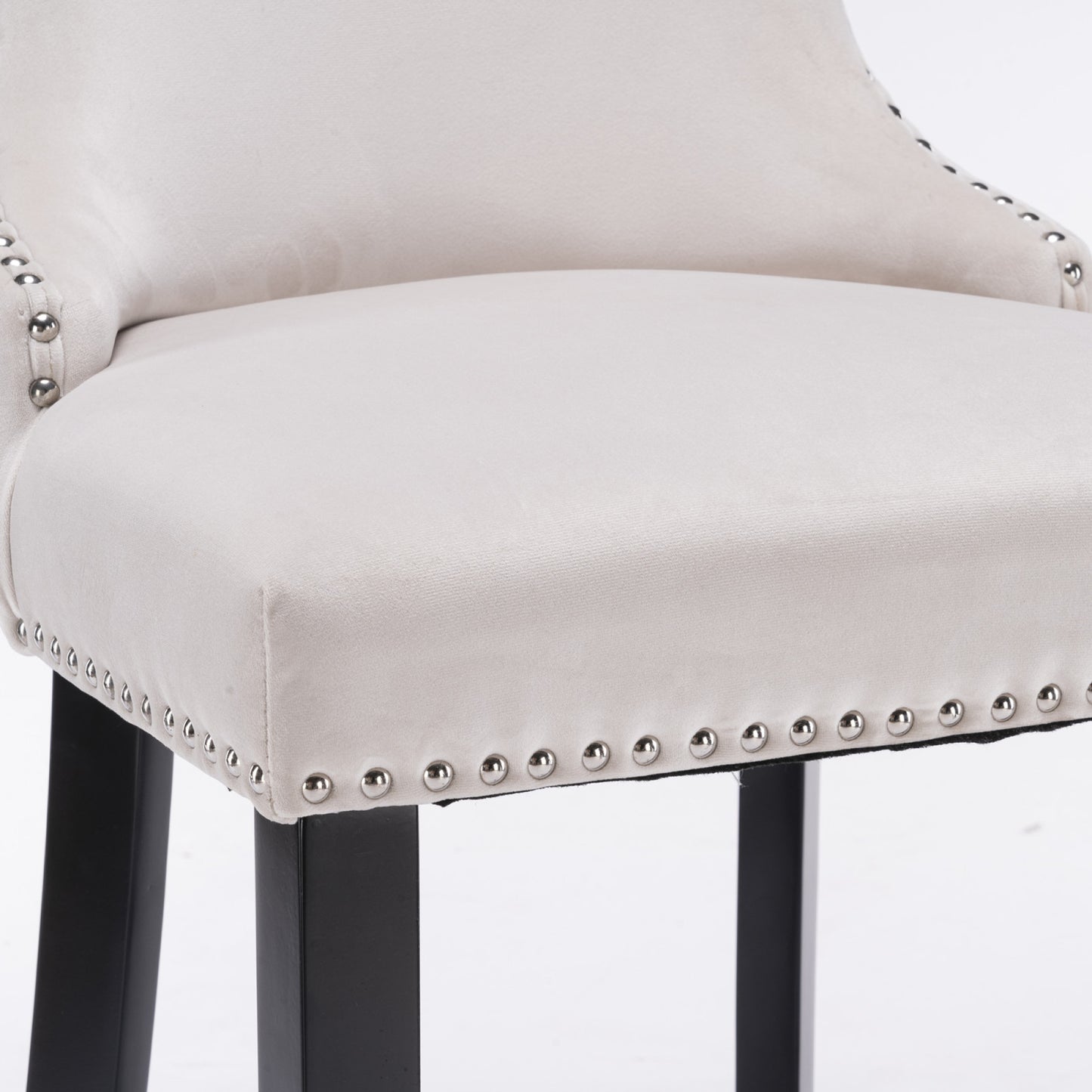 Contemporary Velvet Wing-Back Barstools with Button Tufting, Wooden Legs, Chrome Nailhead Trim, Set of 2, Beige Leisure Style