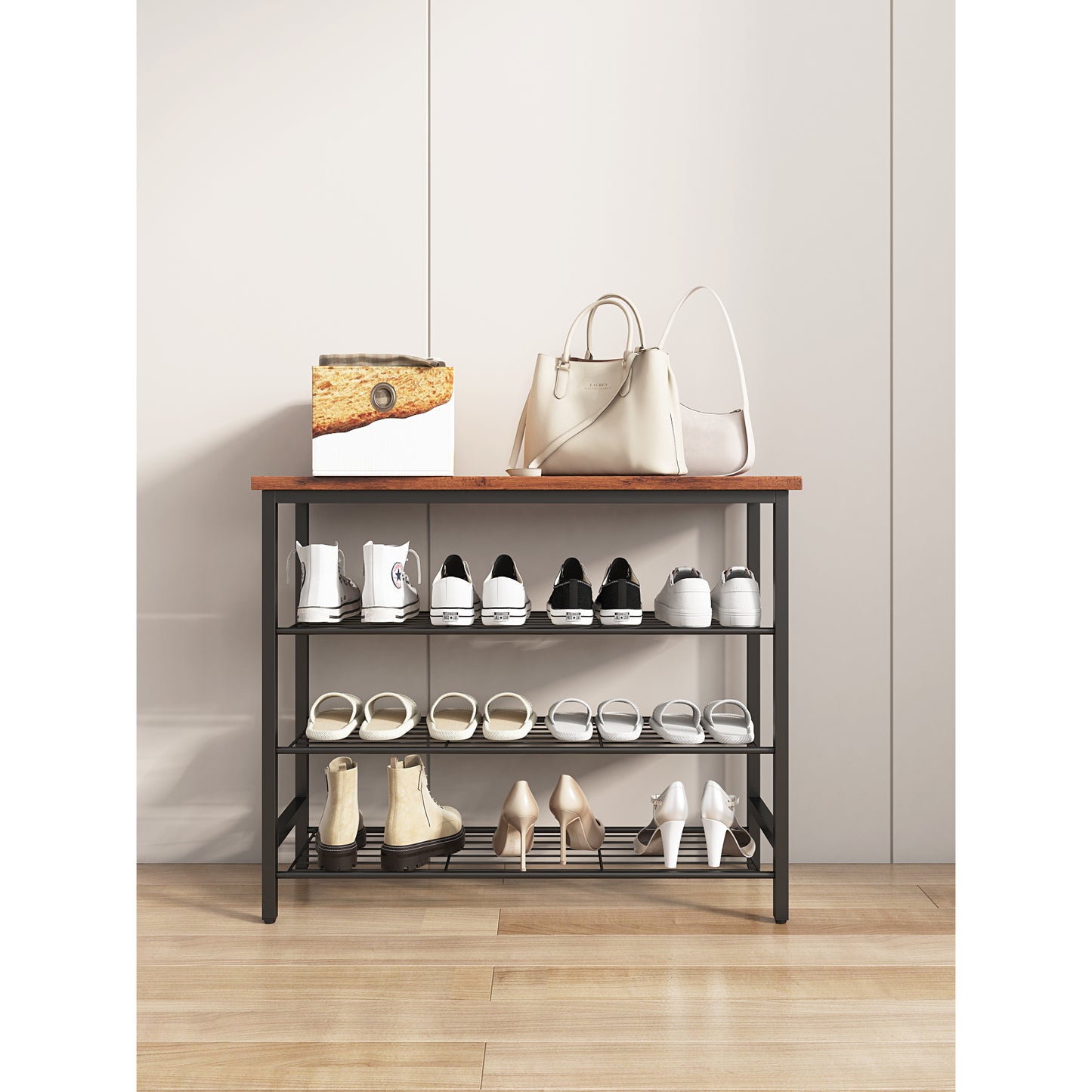 4-Tier Metal Shoe Rack - Modern Multifunctional Storage Shelf with MDF Top Board, Space-Saving Organizer for Home or Office