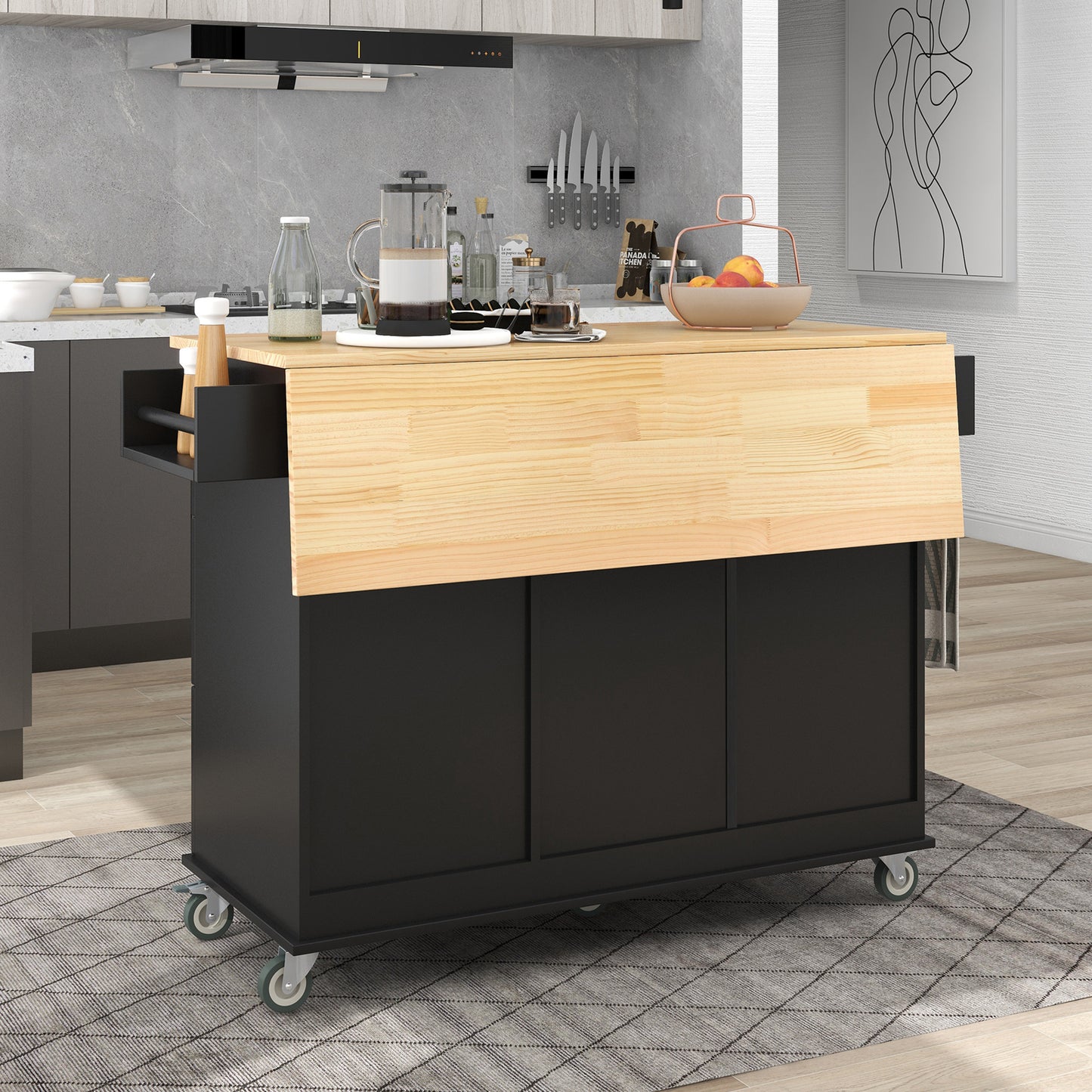 Rolling Mobile Kitchen Island with Solid Wood Top, 52.7 Width, Locking Wheels, Storage Cabinet, Drop Leaf Breakfast Bar, Spice Rack - Black