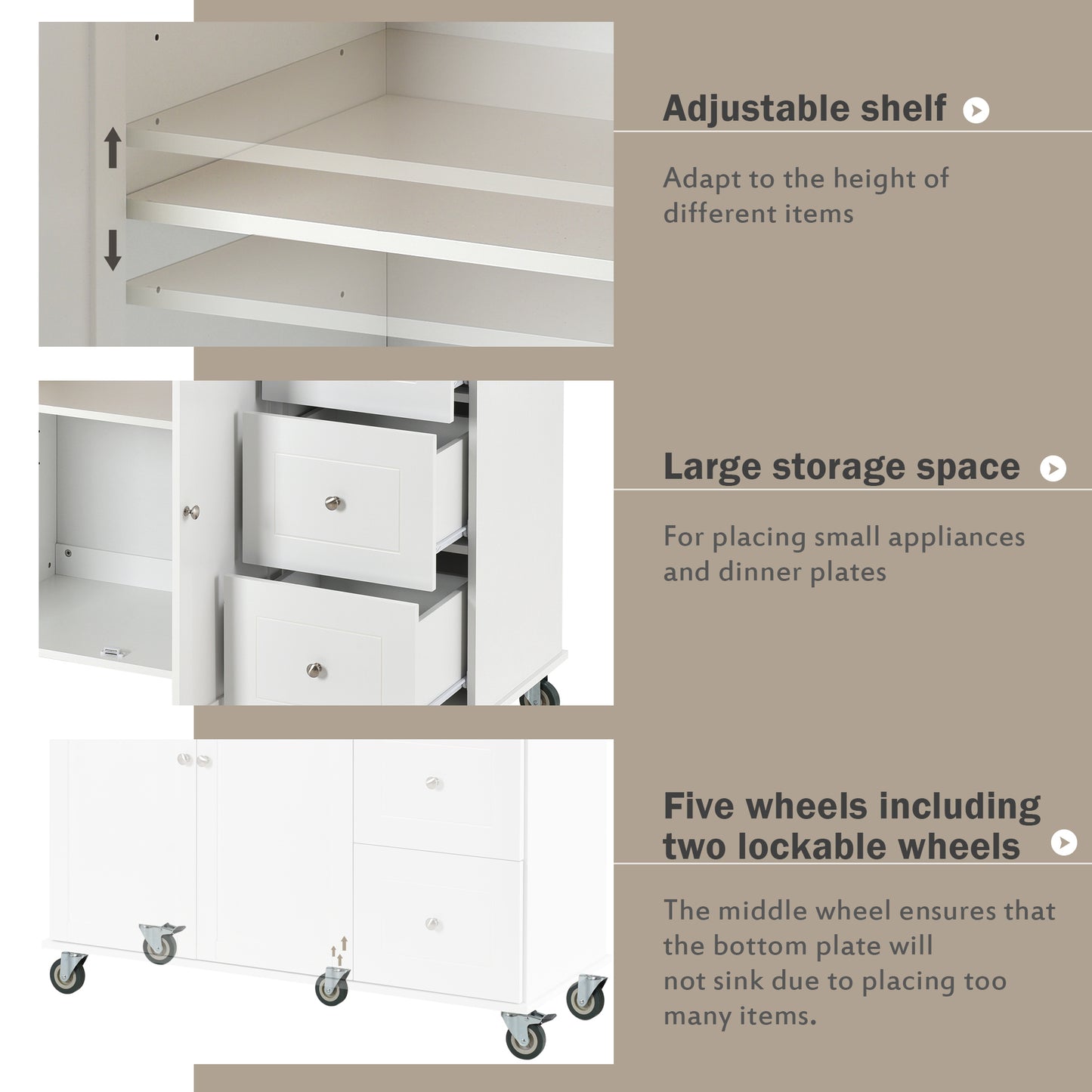 Rolling Mobile Kitchen Island with Solid Wood Top, Locking Wheels, Storage Cabinet, Drop Leaf Breakfast Bar, Spice Rack, White