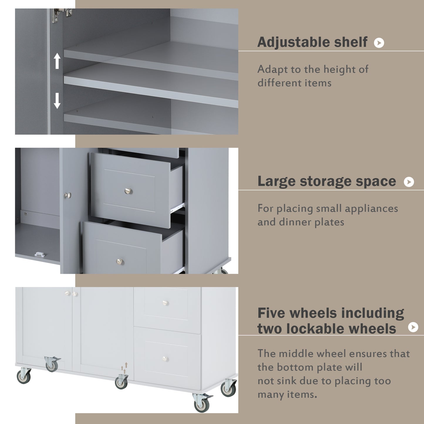 Rolling Mobile Kitchen Island with Solid Wood Top, 52.7 Width, Locking Wheels, Storage Cabinet, Drop Leaf Breakfast Bar - Grey Blue
