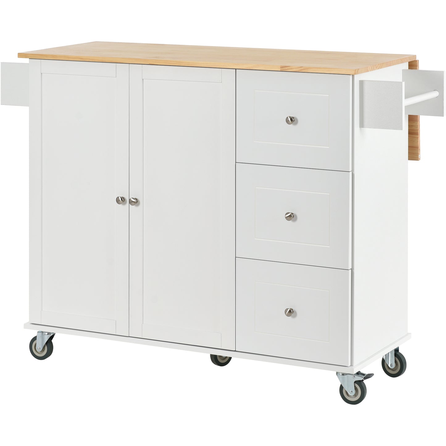 Rolling Mobile Kitchen Island with Solid Wood Top, Locking Wheels, Storage Cabinet, Drop Leaf Breakfast Bar, Spice Rack, White