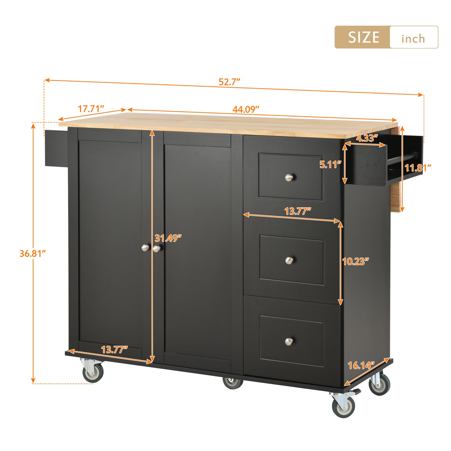 Rolling Mobile Kitchen Island with Solid Wood Top, 52.7 Width, Locking Wheels, Storage Cabinet, Drop Leaf Breakfast Bar, Spice Rack - Black