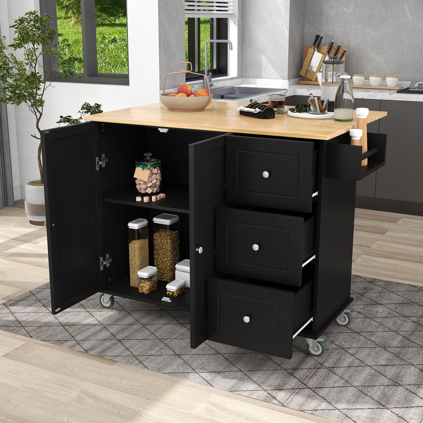 Rolling Mobile Kitchen Island with Solid Wood Top, 52.7 Width, Locking Wheels, Storage Cabinet, Drop Leaf Breakfast Bar, Spice Rack - Black