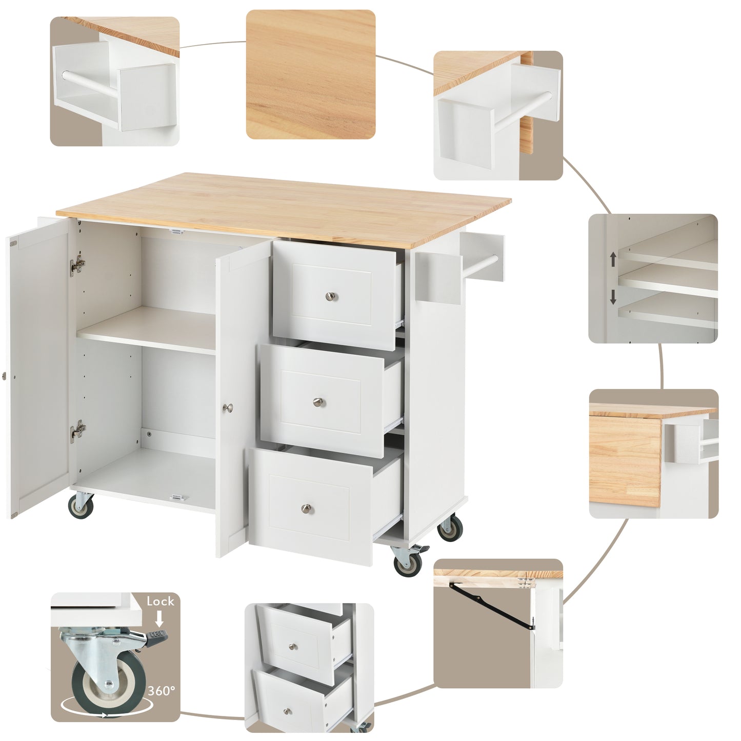 Rolling Mobile Kitchen Island with Solid Wood Top, Locking Wheels, Storage Cabinet, Drop Leaf Breakfast Bar, Spice Rack, White
