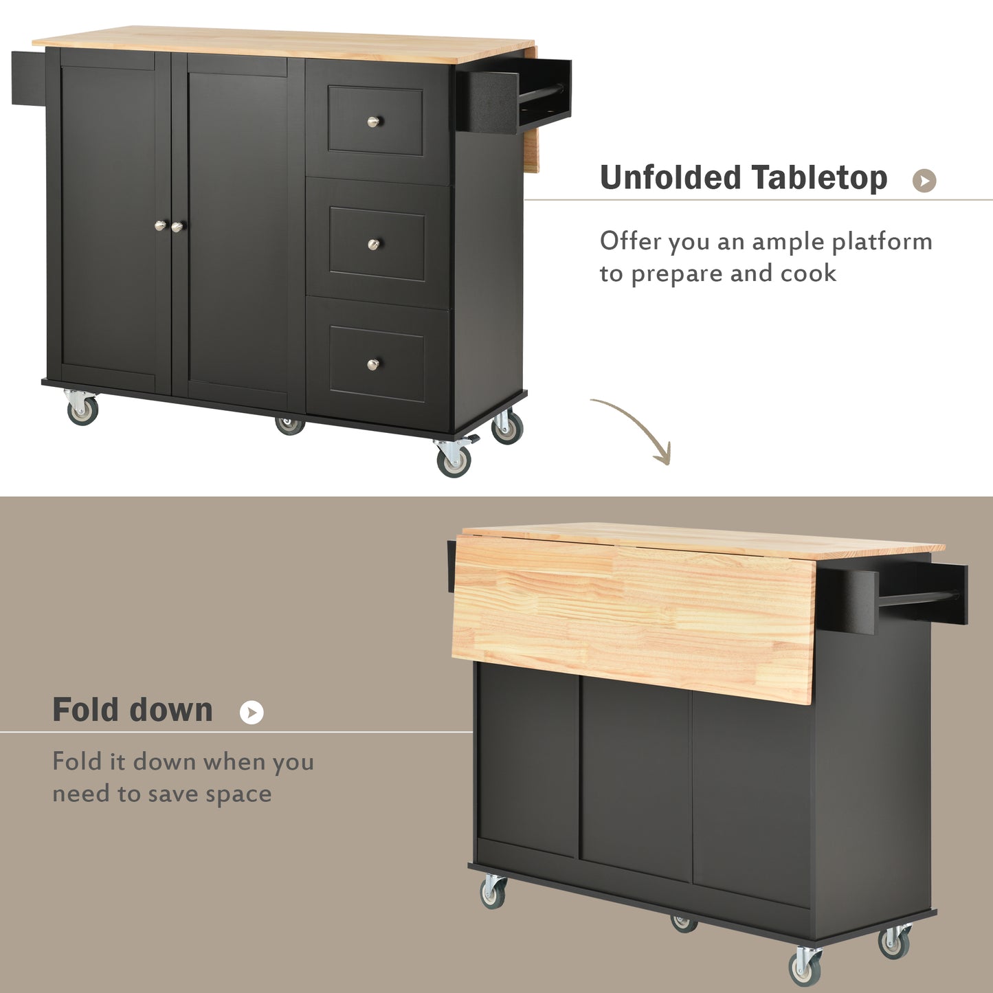 Rolling Mobile Kitchen Island with Solid Wood Top, 52.7 Width, Locking Wheels, Storage Cabinet, Drop Leaf Breakfast Bar, Spice Rack - Black