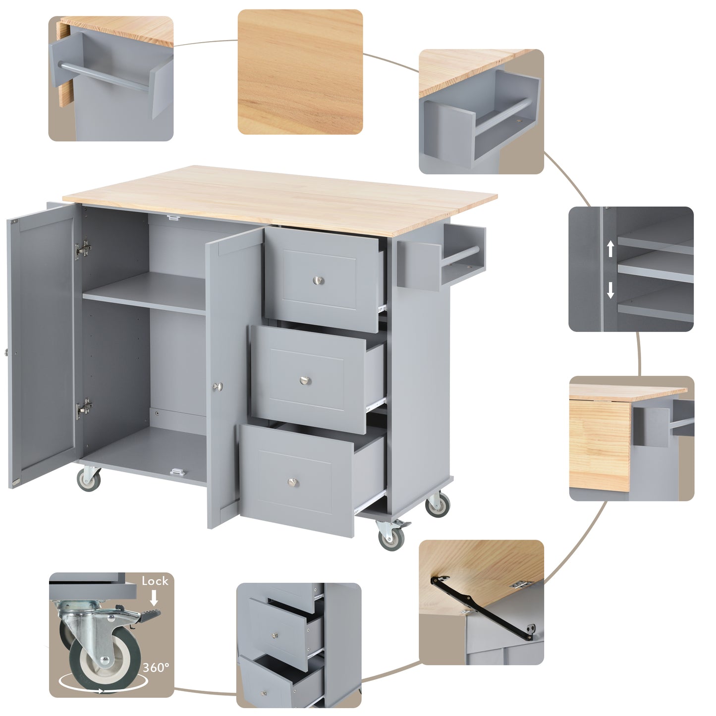 Rolling Mobile Kitchen Island with Solid Wood Top, 52.7 Width, Locking Wheels, Storage Cabinet, Drop Leaf Breakfast Bar - Grey Blue