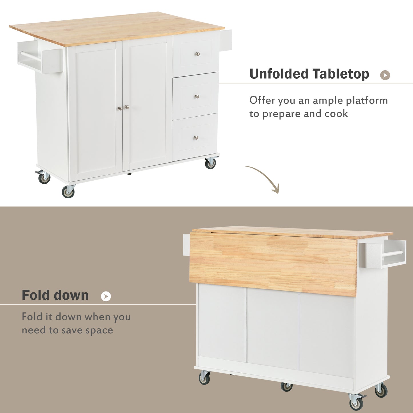 Rolling Mobile Kitchen Island with Solid Wood Top, Locking Wheels, Storage Cabinet, Drop Leaf Breakfast Bar, Spice Rack, White