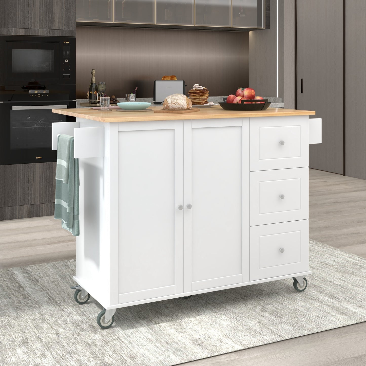 Rolling Mobile Kitchen Island with Solid Wood Top, Locking Wheels, Storage Cabinet, Drop Leaf Breakfast Bar, Spice Rack, White