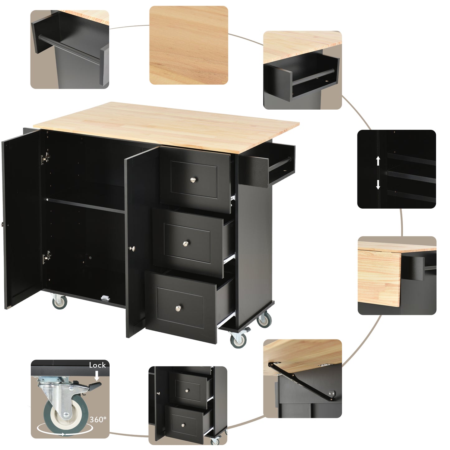 Rolling Mobile Kitchen Island with Solid Wood Top, 52.7 Width, Locking Wheels, Storage Cabinet, Drop Leaf Breakfast Bar, Spice Rack - Black