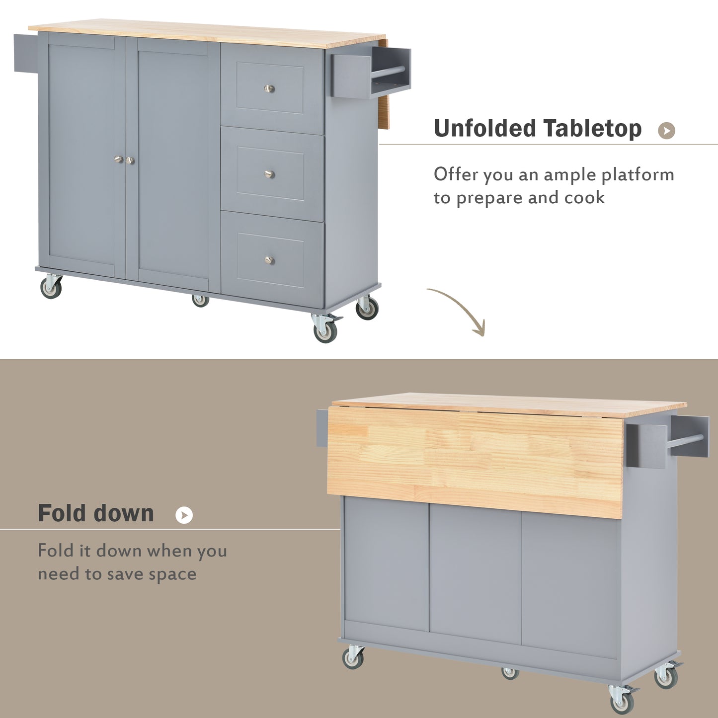 Rolling Mobile Kitchen Island with Solid Wood Top, 52.7 Width, Locking Wheels, Storage Cabinet, Drop Leaf Breakfast Bar - Grey Blue