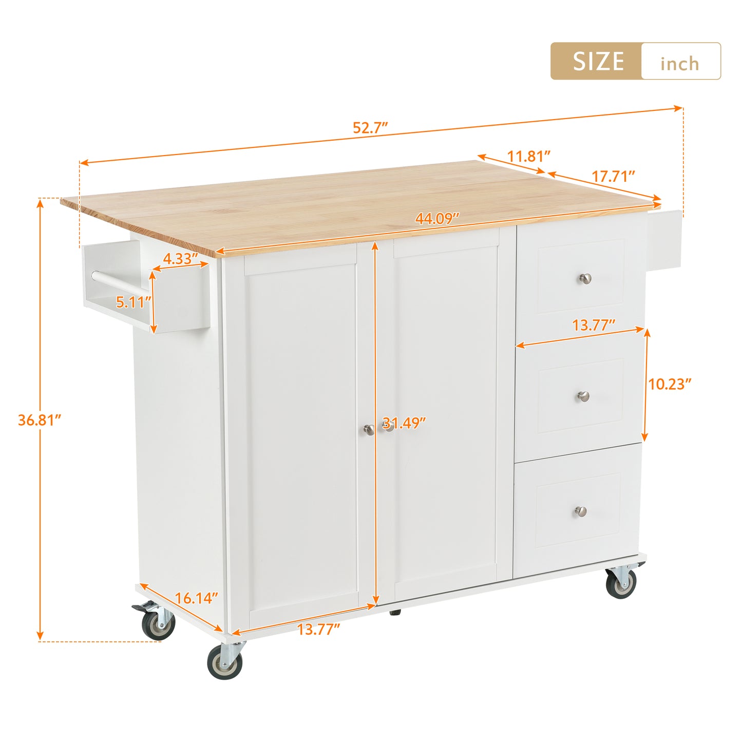 Rolling Mobile Kitchen Island with Solid Wood Top, Locking Wheels, Storage Cabinet, Drop Leaf Breakfast Bar, Spice Rack, White
