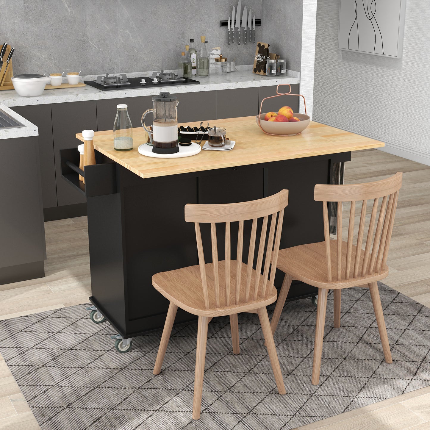 Rolling Mobile Kitchen Island with Solid Wood Top, 52.7 Width, Locking Wheels, Storage Cabinet, Drop Leaf Breakfast Bar, Spice Rack - Black