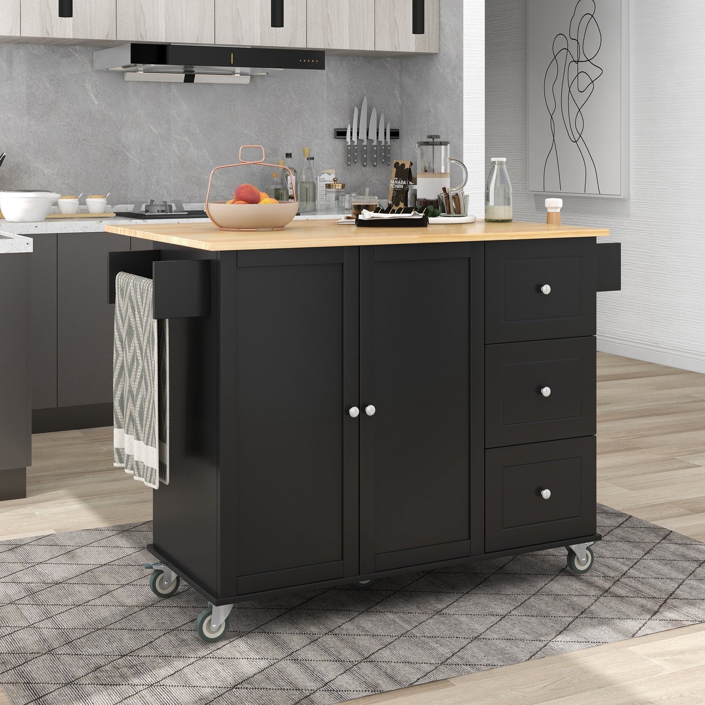 Rolling Mobile Kitchen Island with Solid Wood Top, 52.7 Width, Locking Wheels, Storage Cabinet, Drop Leaf Breakfast Bar, Spice Rack - Black