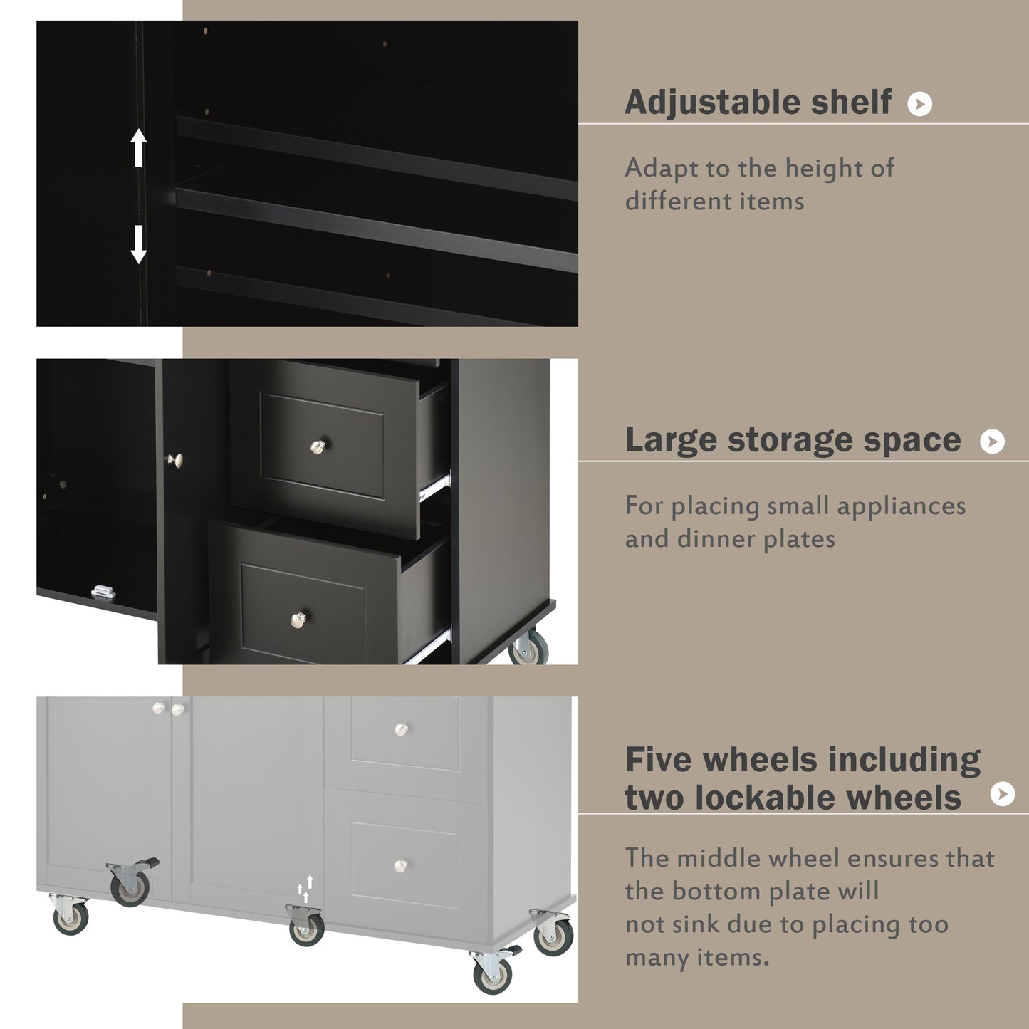 Rolling Mobile Kitchen Island with Solid Wood Top, 52.7 Width, Locking Wheels, Storage Cabinet, Drop Leaf Breakfast Bar, Spice Rack - Black