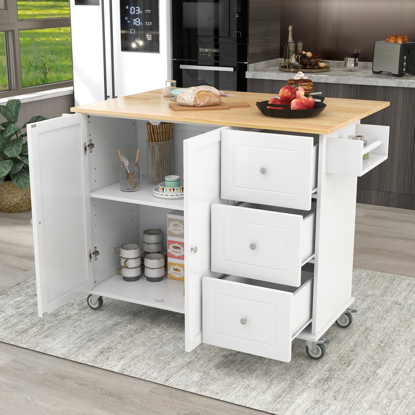 Rolling Mobile Kitchen Island with Solid Wood Top, Locking Wheels, Storage Cabinet, Drop Leaf Breakfast Bar, Spice Rack, White