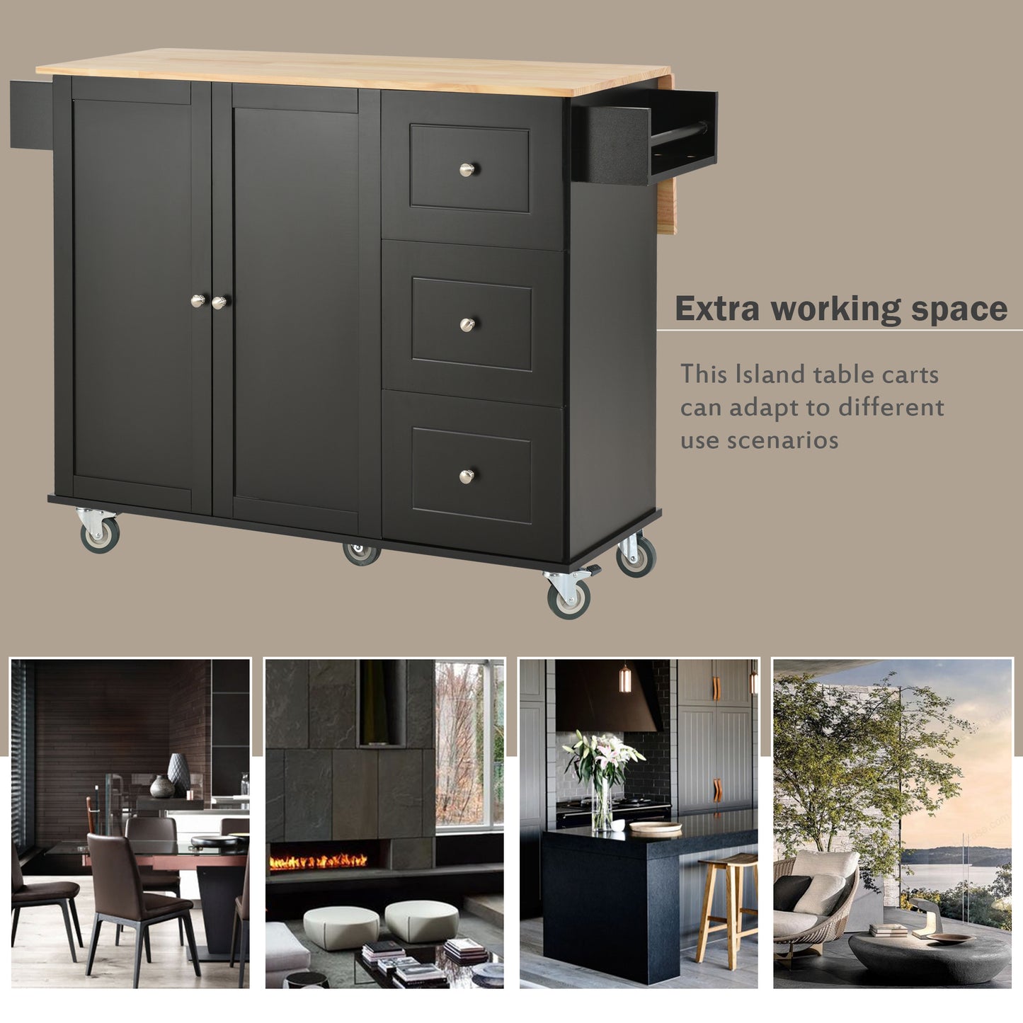 Rolling Mobile Kitchen Island with Solid Wood Top, 52.7 Width, Locking Wheels, Storage Cabinet, Drop Leaf Breakfast Bar, Spice Rack - Black