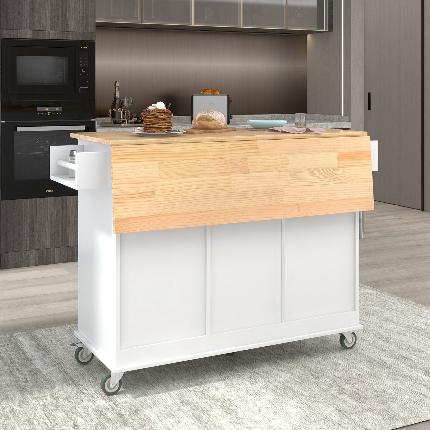 Rolling Mobile Kitchen Island with Solid Wood Top, Locking Wheels, Storage Cabinet, Drop Leaf Breakfast Bar, Spice Rack, White