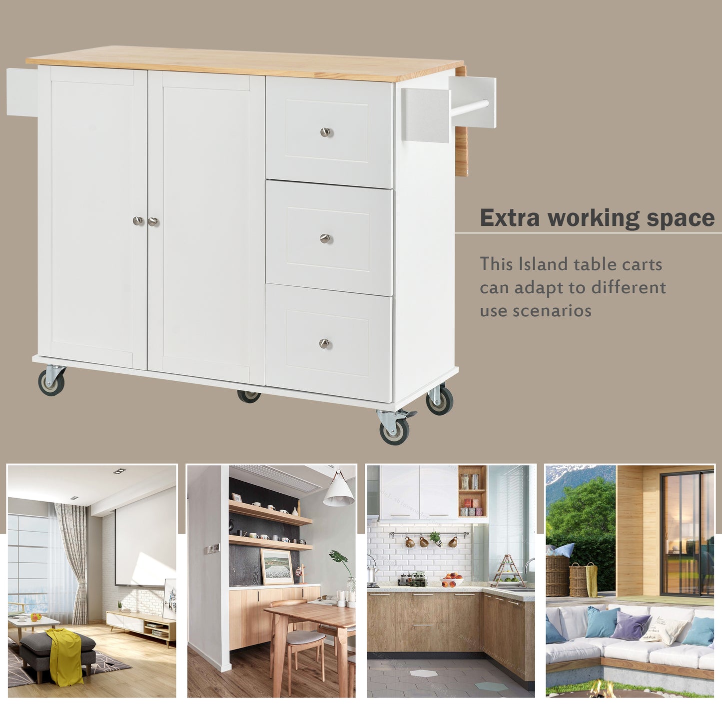 Rolling Mobile Kitchen Island with Solid Wood Top, Locking Wheels, Storage Cabinet, Drop Leaf Breakfast Bar, Spice Rack, White