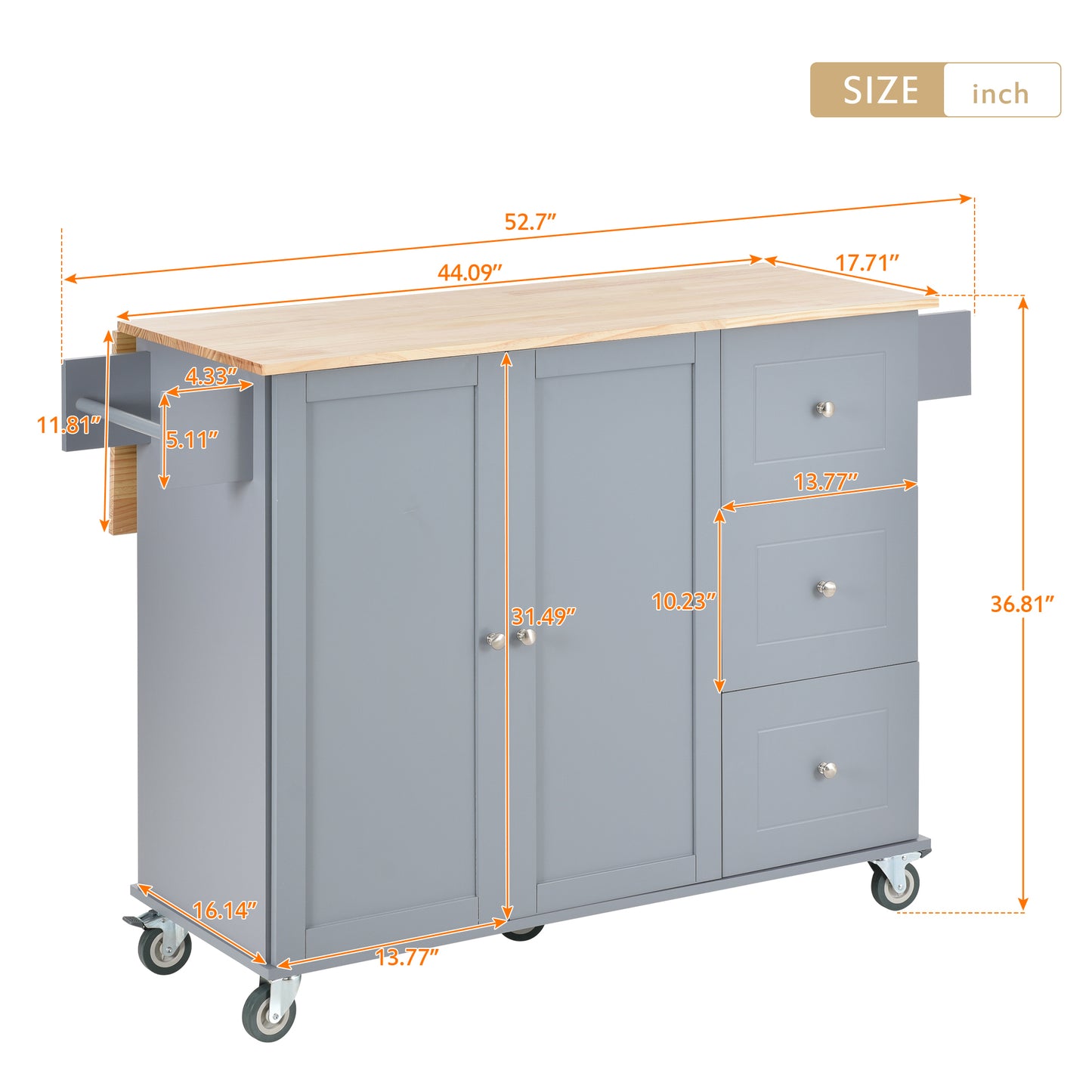 Rolling Mobile Kitchen Island with Solid Wood Top, 52.7 Width, Locking Wheels, Storage Cabinet, Drop Leaf Breakfast Bar - Grey Blue