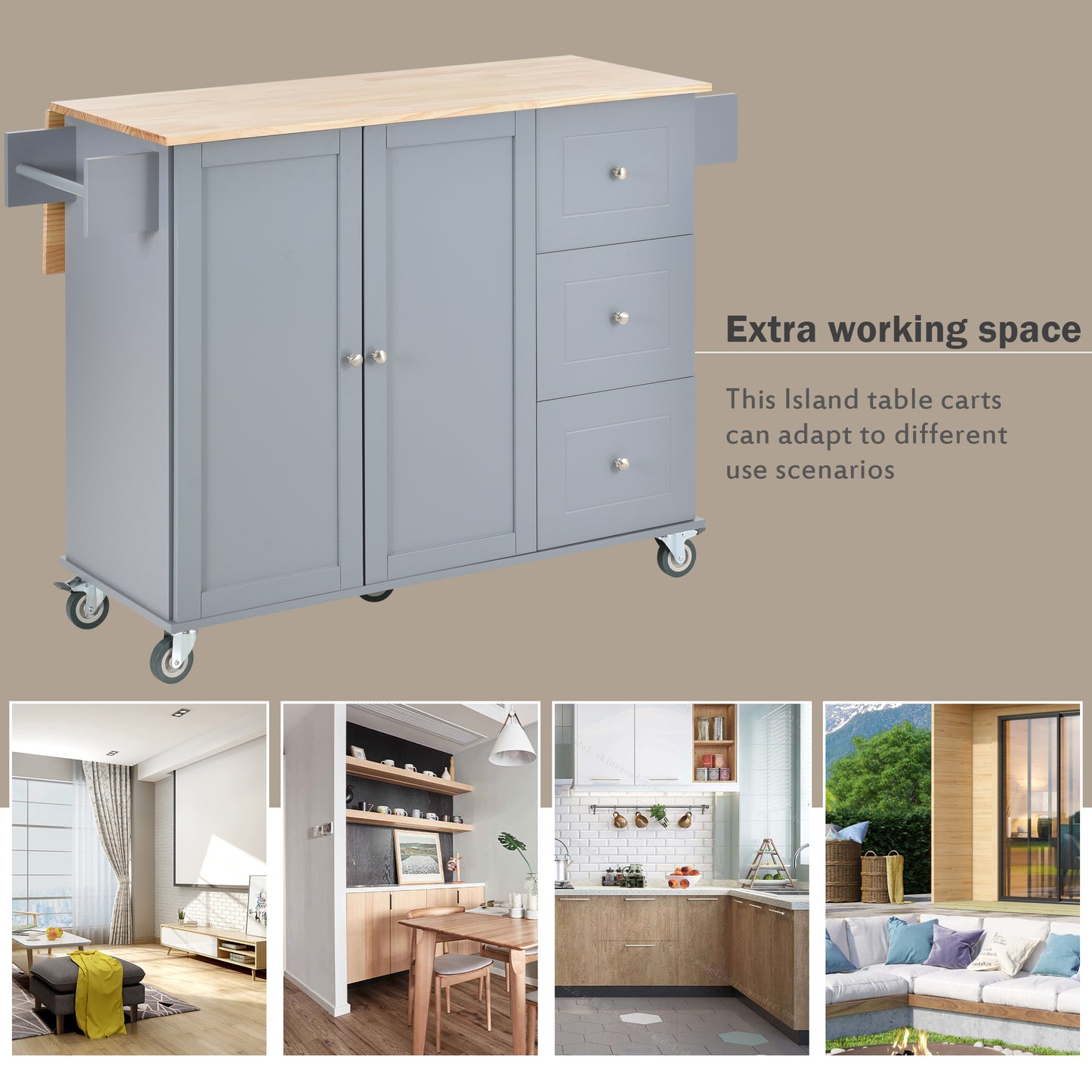 Rolling Mobile Kitchen Island with Solid Wood Top, 52.7 Width, Locking Wheels, Storage Cabinet, Drop Leaf Breakfast Bar - Grey Blue