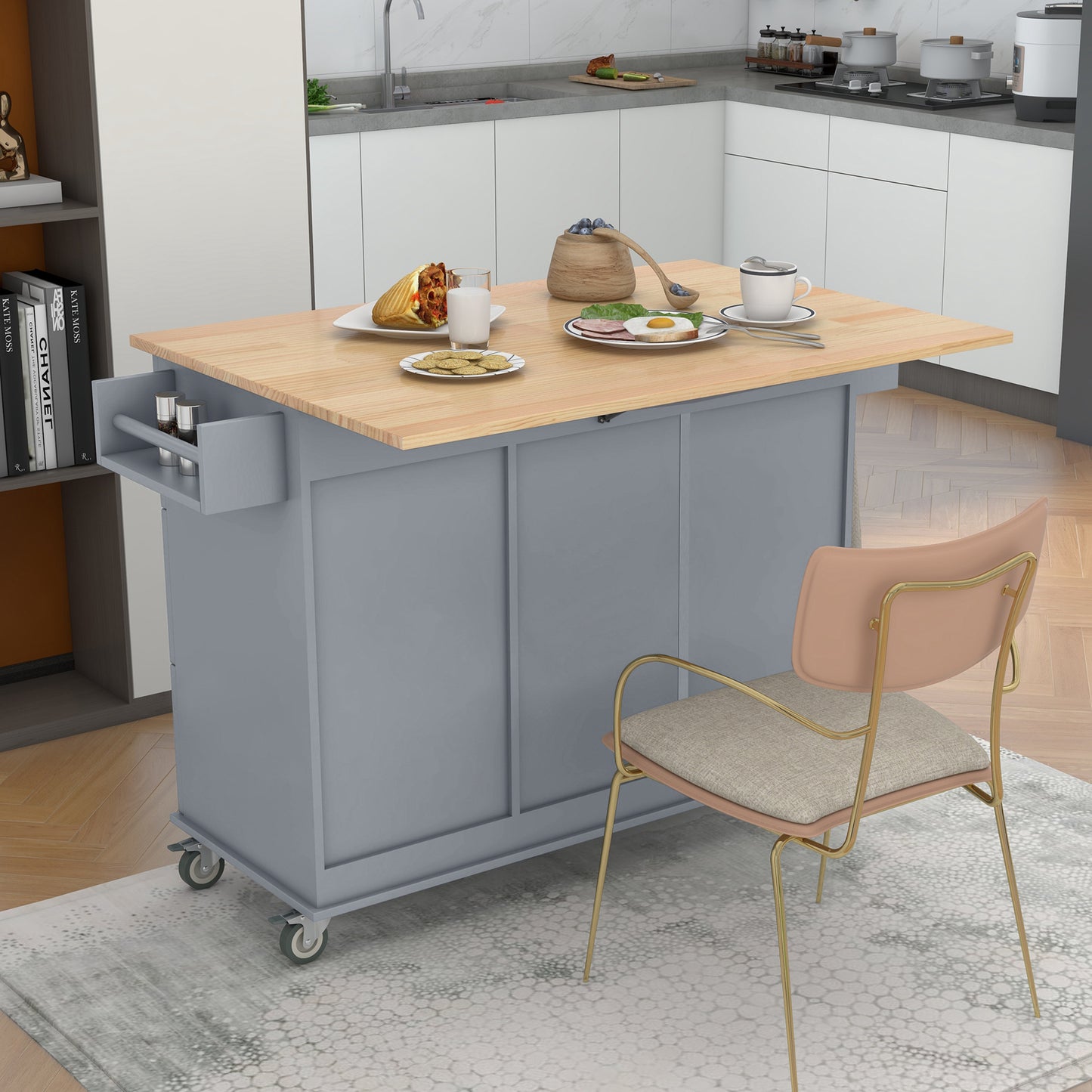 Rolling Mobile Kitchen Island with Solid Wood Top, 52.7 Width, Locking Wheels, Storage Cabinet, Drop Leaf Breakfast Bar - Grey Blue